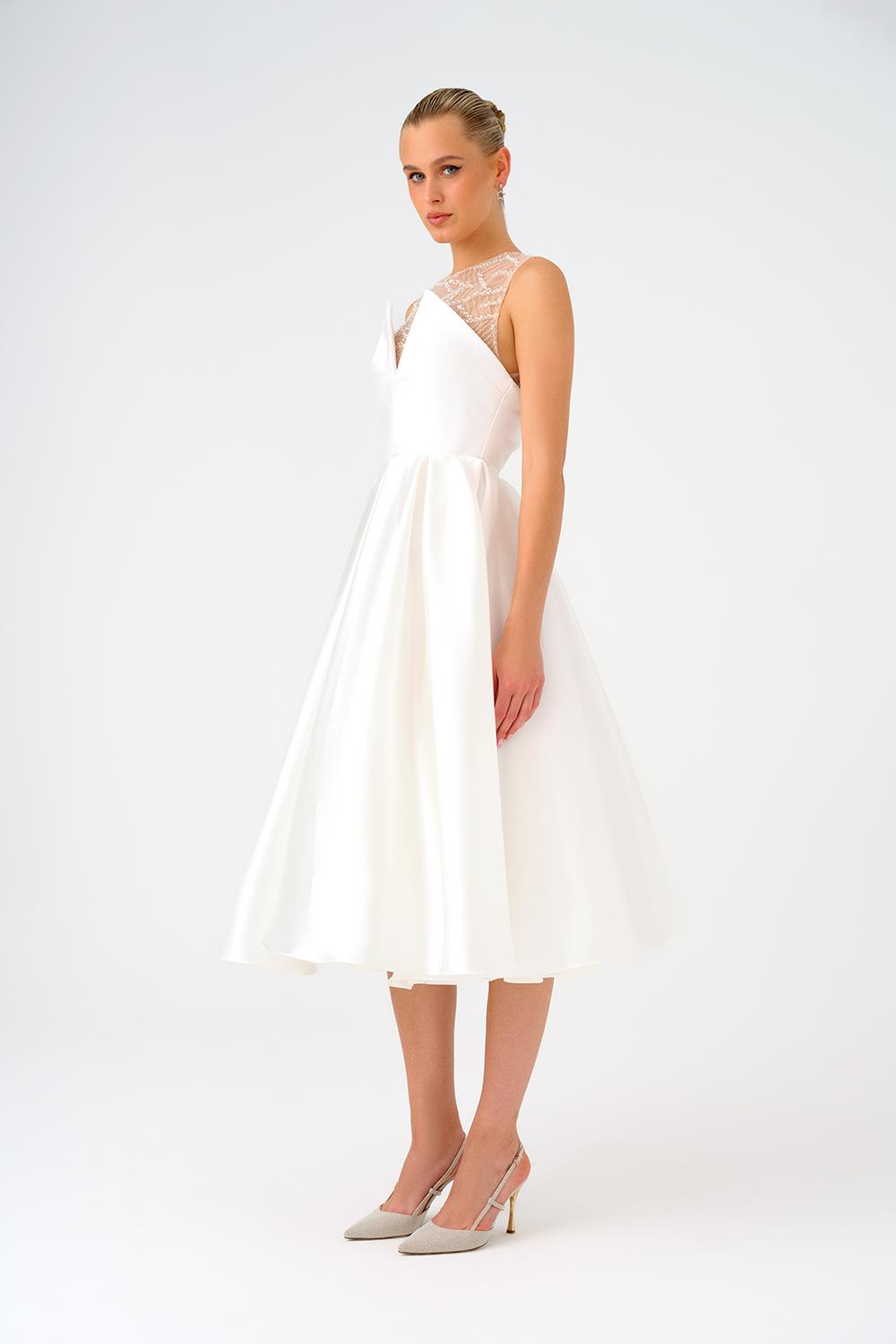 İşlemeli Prenses Kesim Saten Midi Abiye Elbise - 9135C