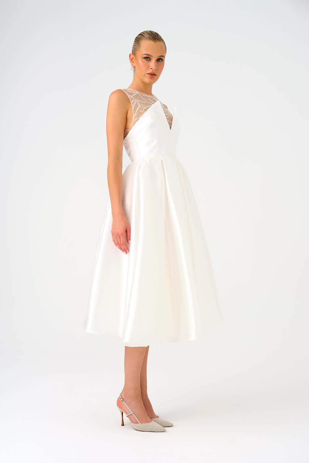 İşlemeli Prenses Kesim Saten Midi Abiye Elbise - 9135C