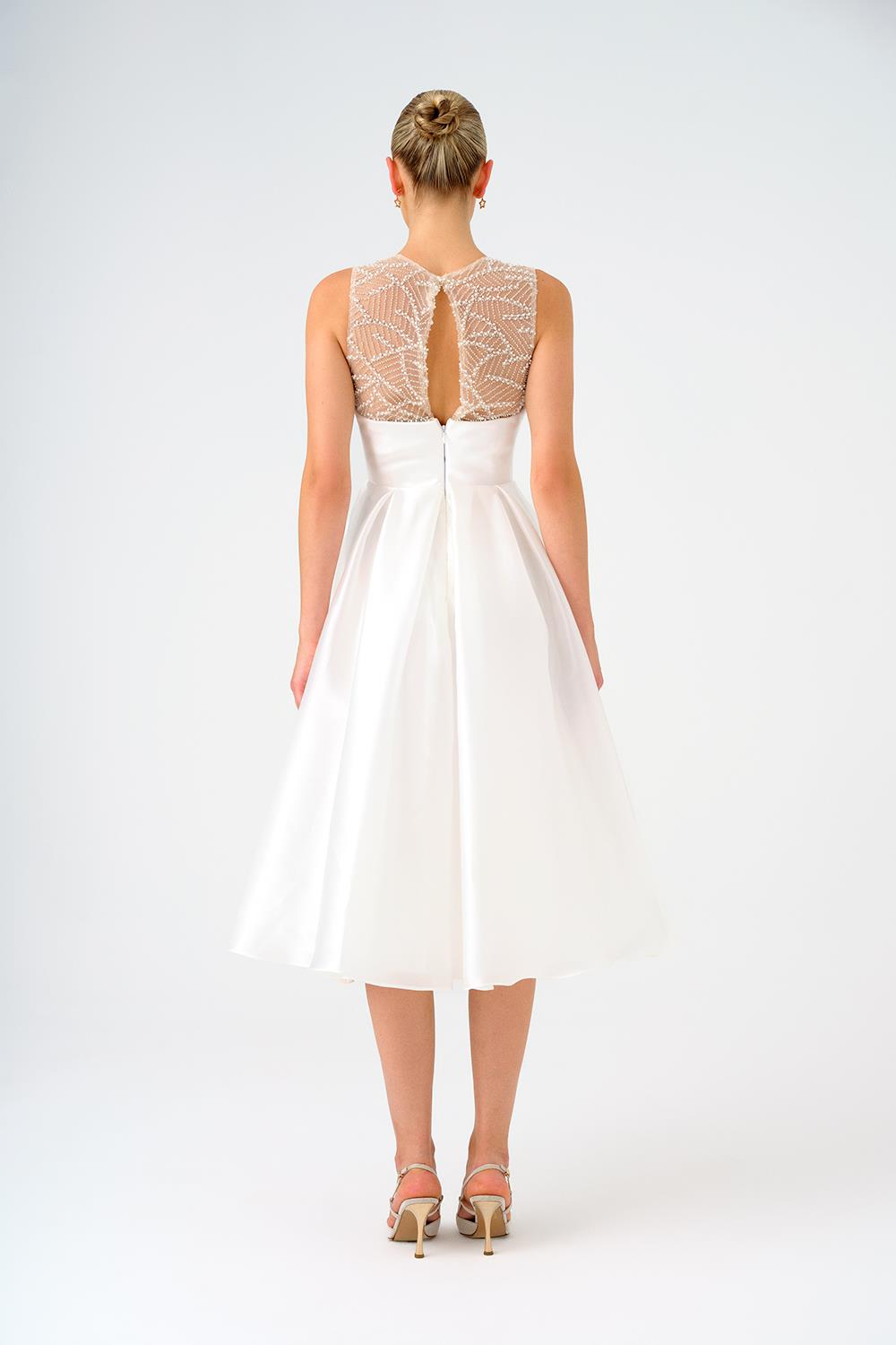 İşlemeli Prenses Kesim Saten Midi Abiye Elbise - 9135C