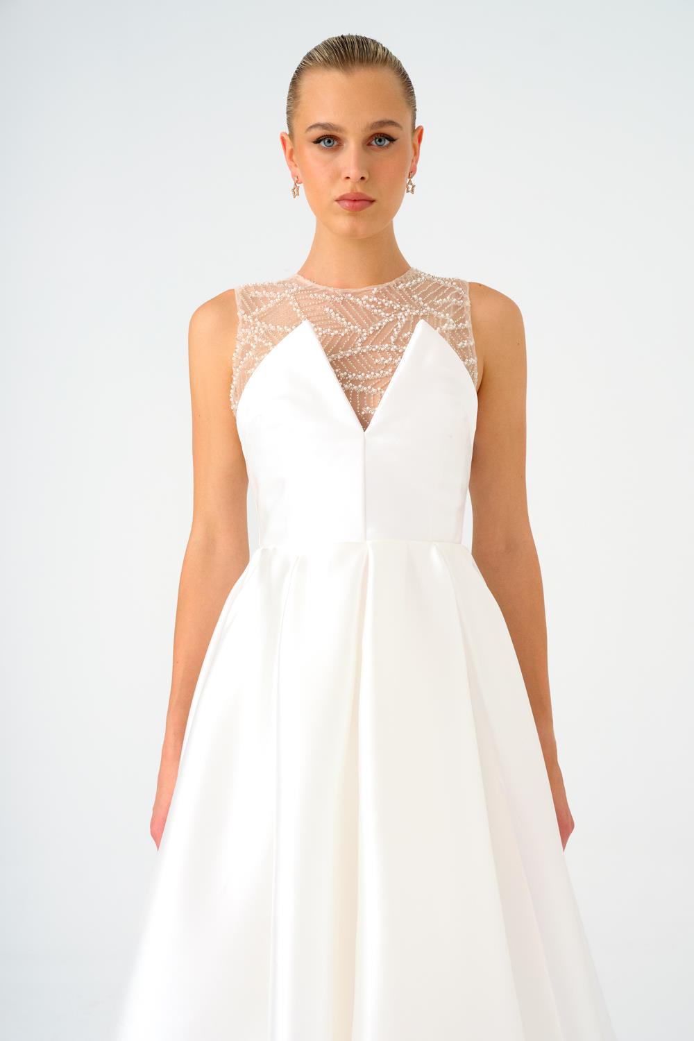 İşlemeli Prenses Kesim Saten Midi Abiye Elbise - 9135C