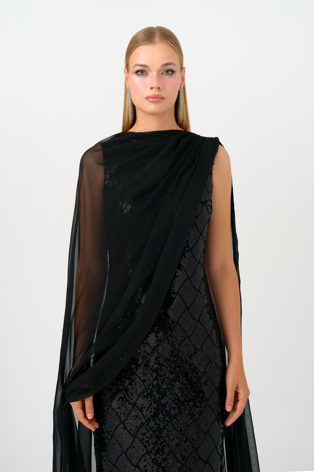 Kayık Yaka Pelerinli Payet Uzun Abiye Elbise - 9038C