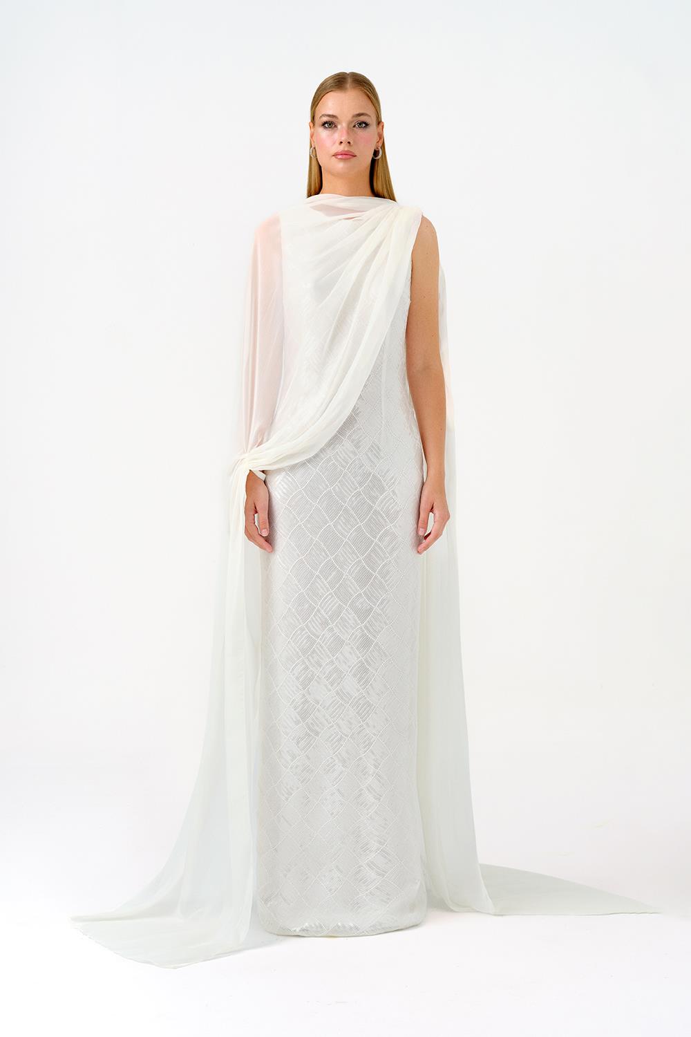 Kayık Yaka Pelerinli Payet Uzun Abiye Elbise - 9038C