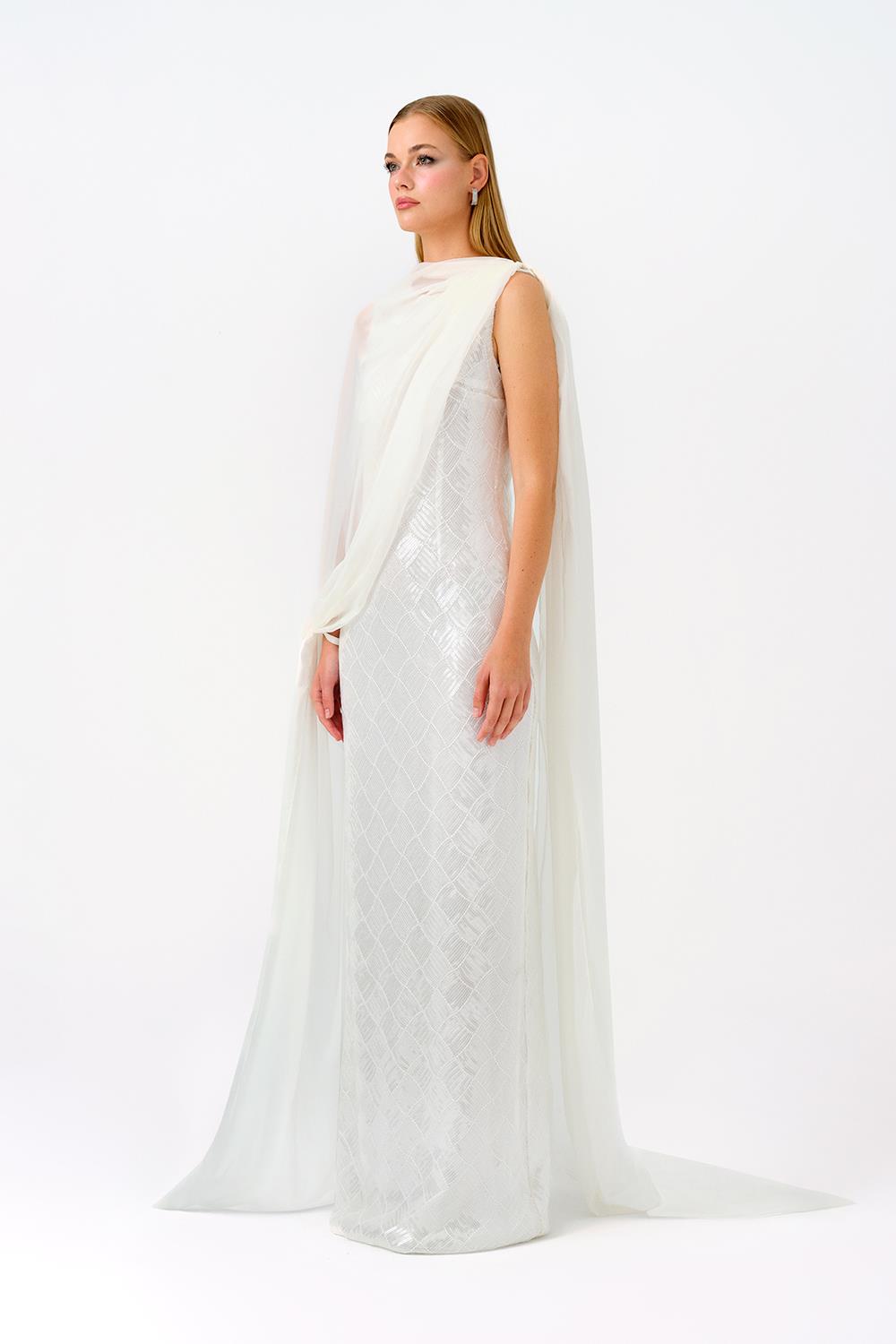 Kayık Yaka Pelerinli Payet Uzun Abiye Elbise - 9038C