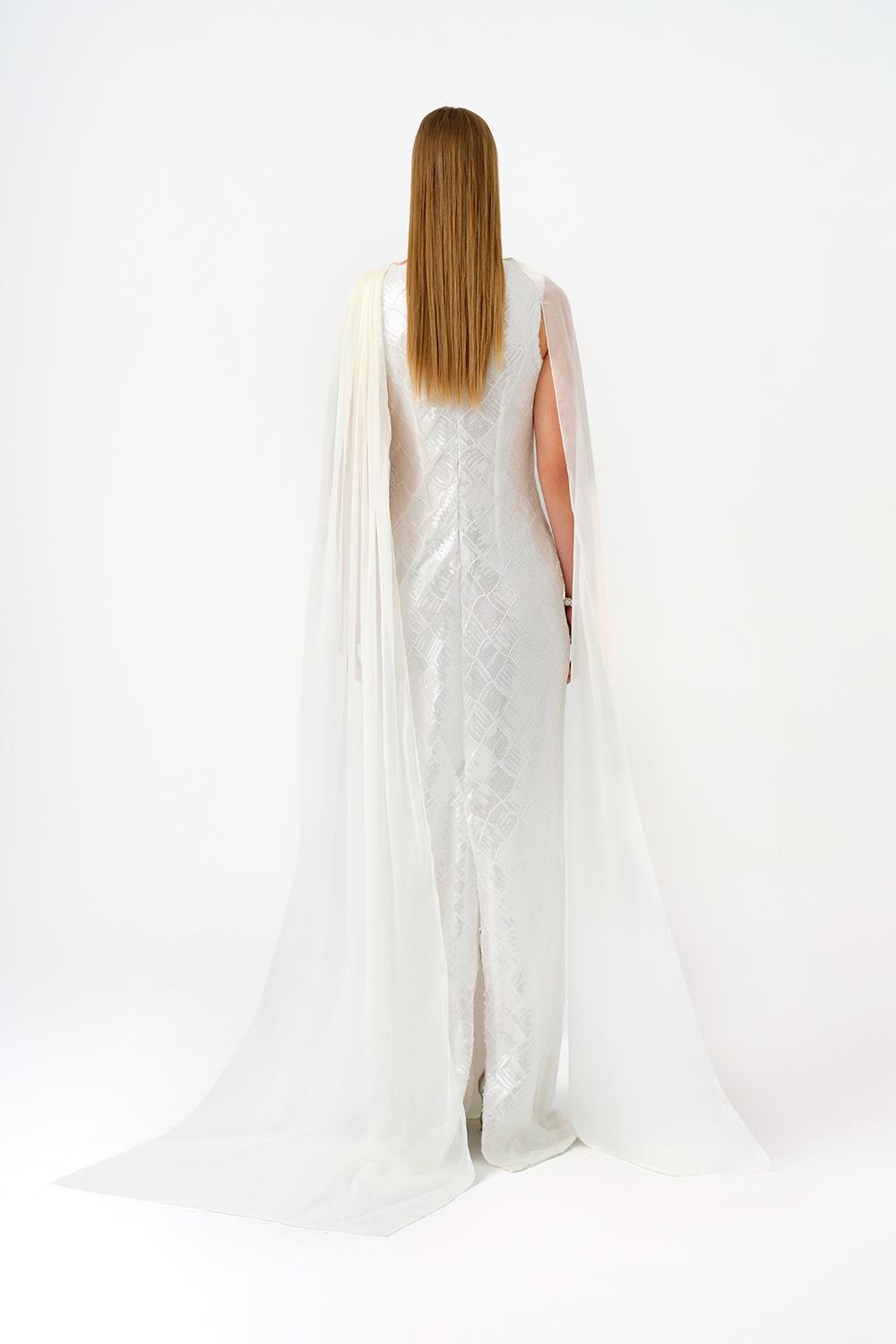 Kayık Yaka Pelerinli Payet Uzun Abiye Elbise - 9038C