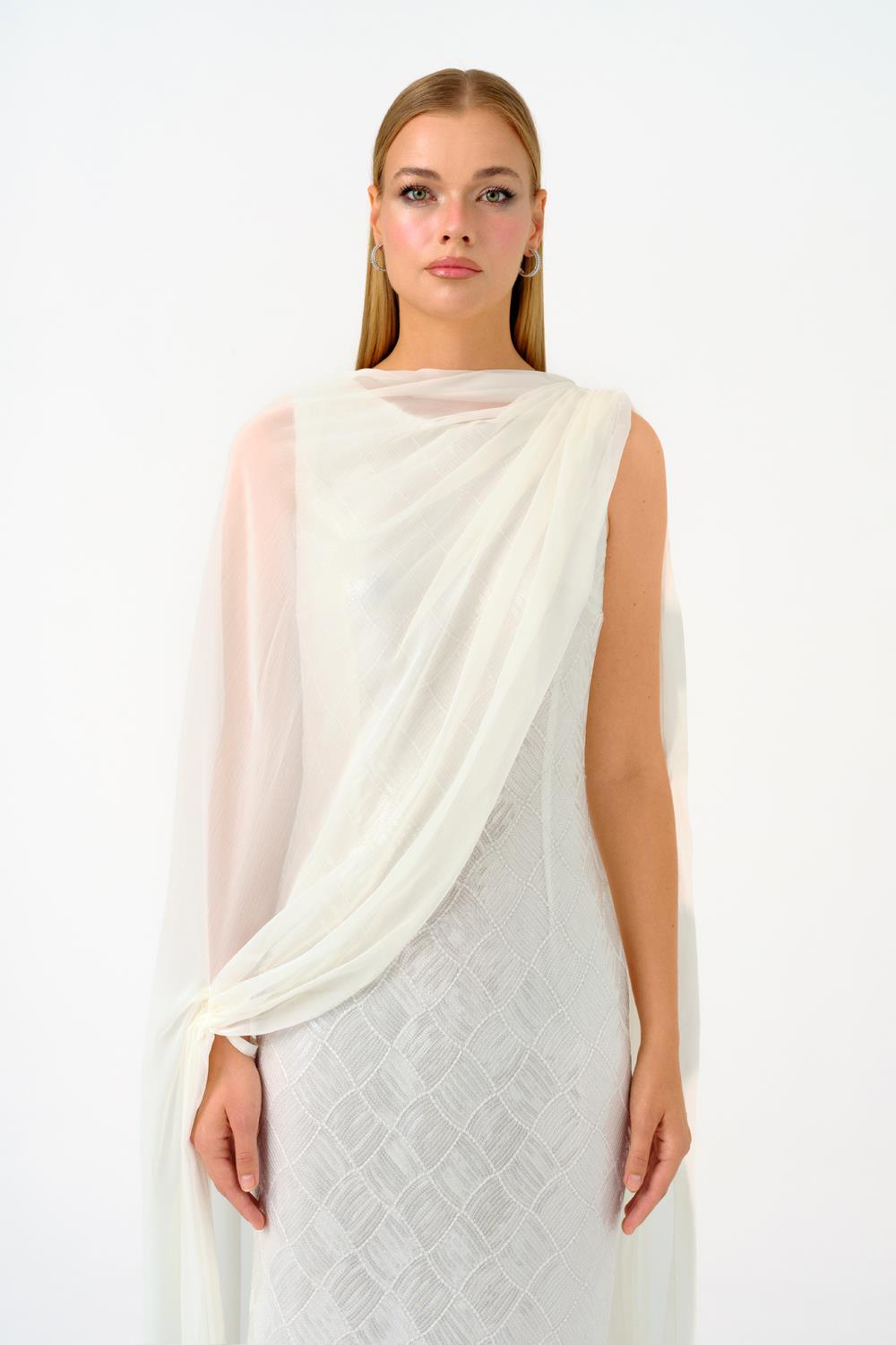 Kayık Yaka Pelerinli Payet Uzun Abiye Elbise - 9038C