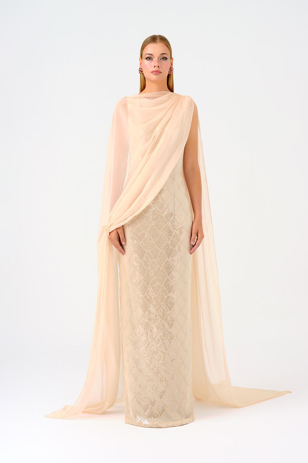 Kayık Yaka Pelerinli Payet Uzun Abiye Elbise - 9038C