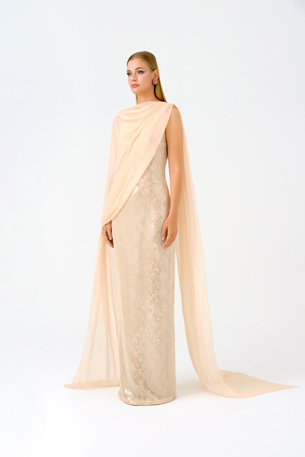 Kayık Yaka Pelerinli Payet Uzun Abiye Elbise - 9038C