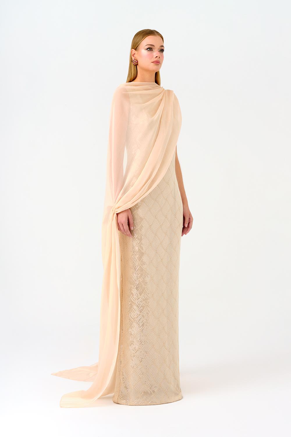 Kayık Yaka Pelerinli Payet Uzun Abiye Elbise - 9038C