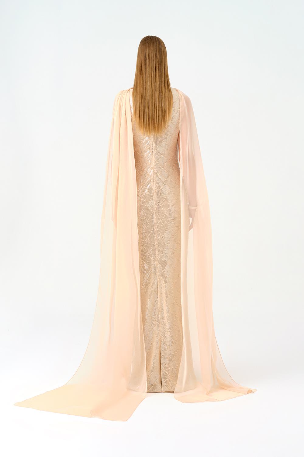 Kayık Yaka Pelerinli Payet Uzun Abiye Elbise - 9038C