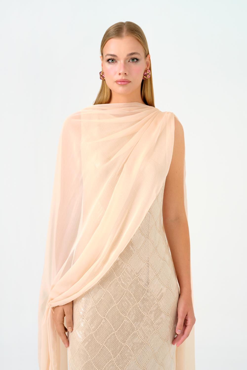 Kayık Yaka Pelerinli Payet Uzun Abiye Elbise - 9038C