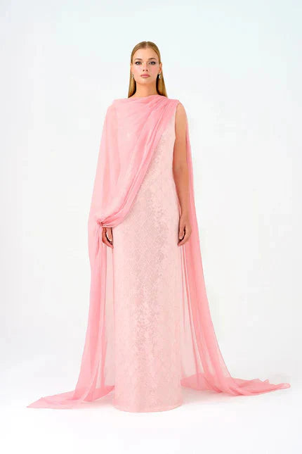 Kayık Yaka Pelerinli Payet Uzun Abiye Elbise - 9038C