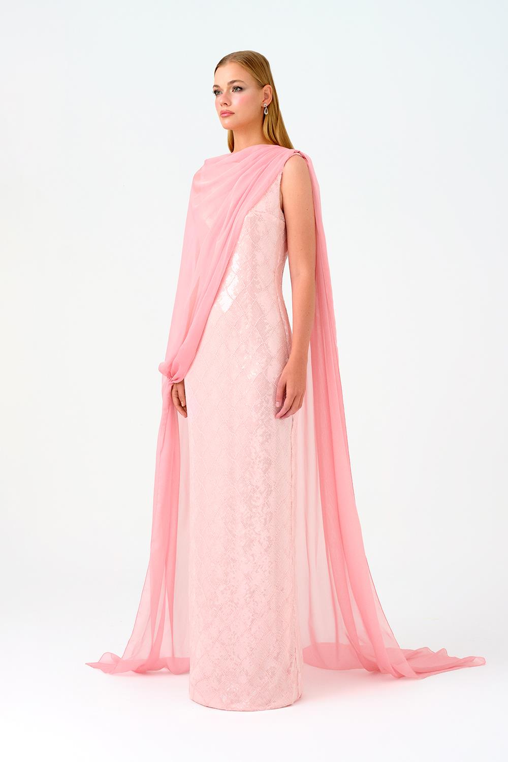 Kayık Yaka Pelerinli Payet Uzun Abiye Elbise - 9038C