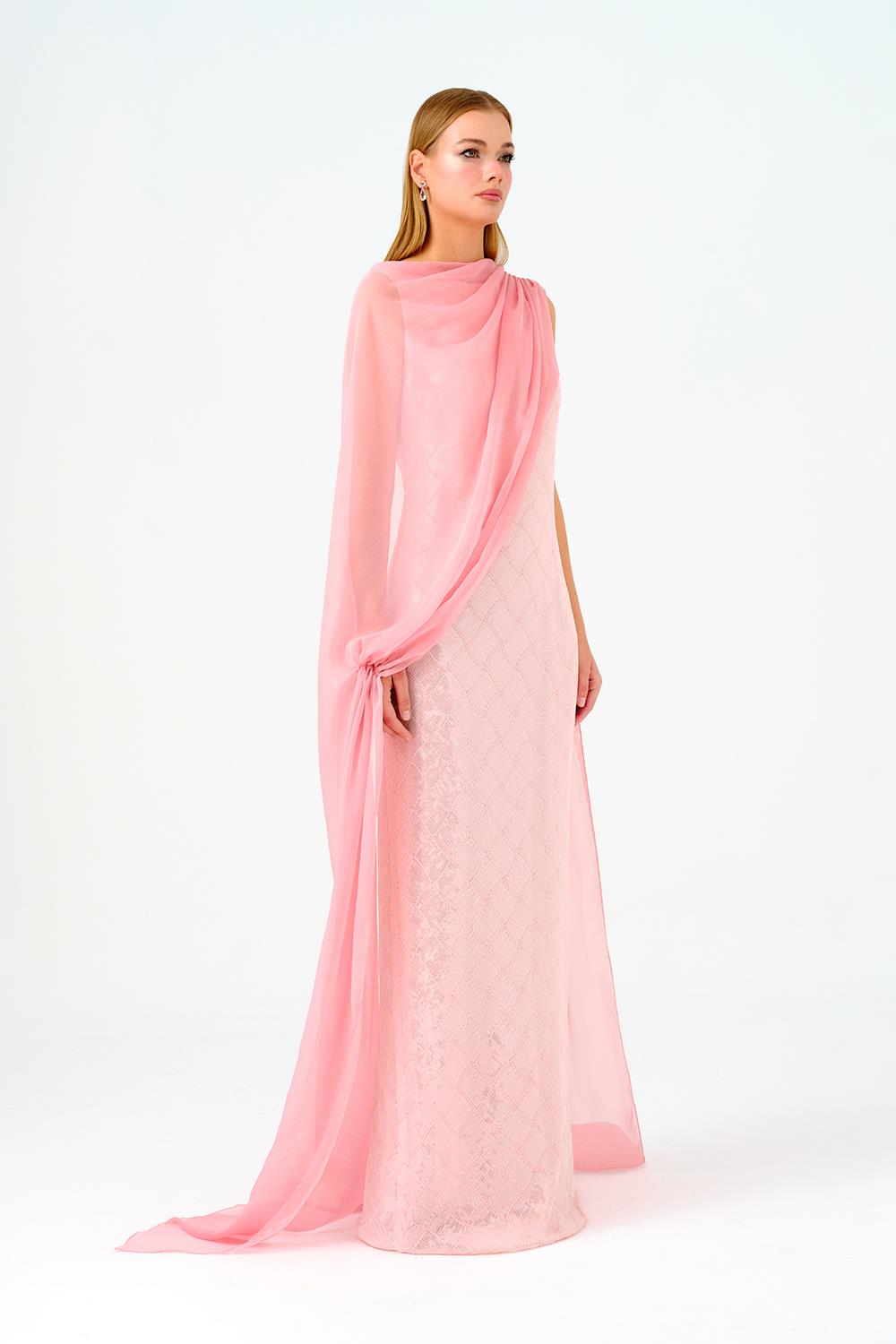 Kayık Yaka Pelerinli Payet Uzun Abiye Elbise - 9038C