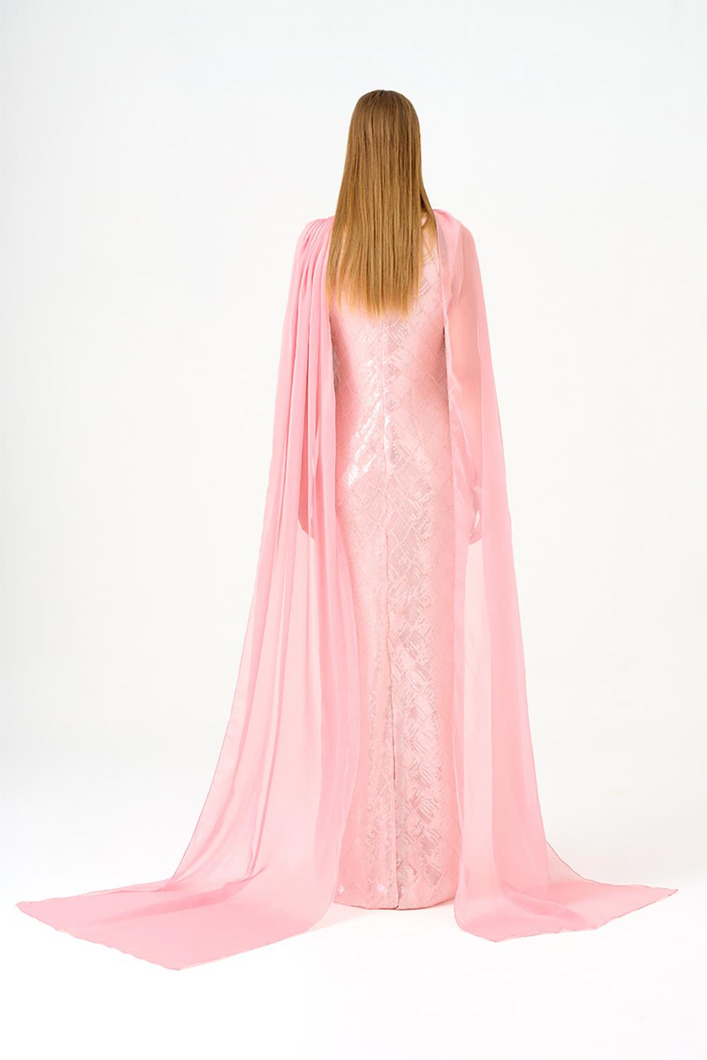 Kayık Yaka Pelerinli Payet Uzun Abiye Elbise - 9038C