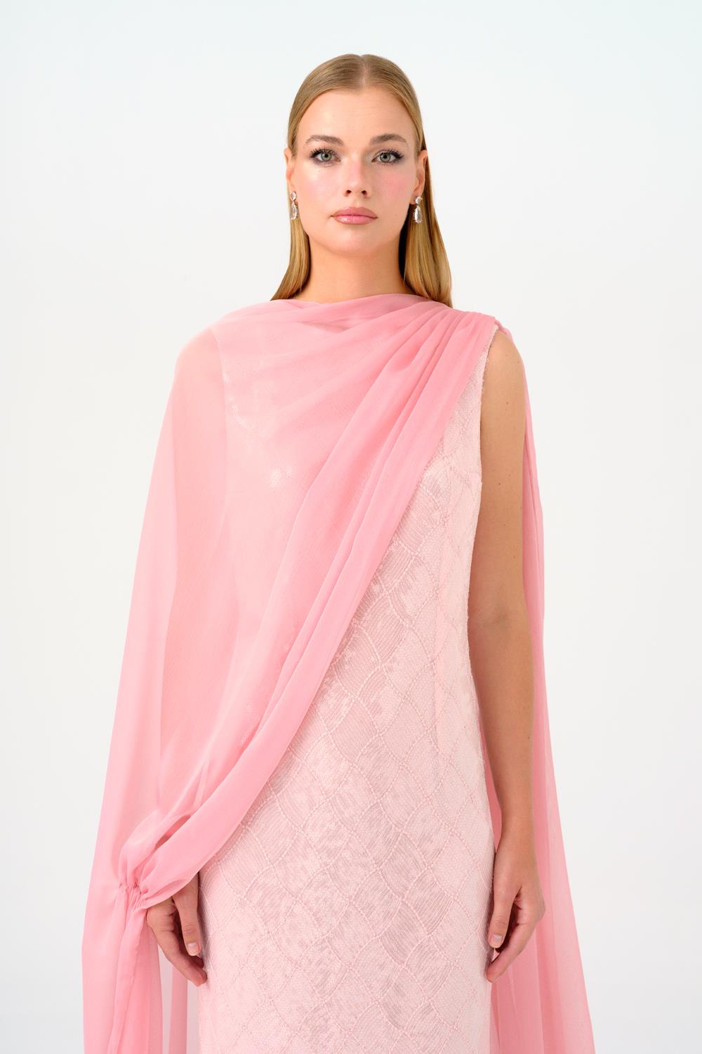 Kayık Yaka Pelerinli Payet Uzun Abiye Elbise - 9038C