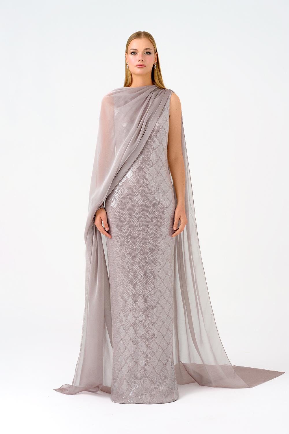 Kayık Yaka Pelerinli Payet Uzun Abiye Elbise - 9038C