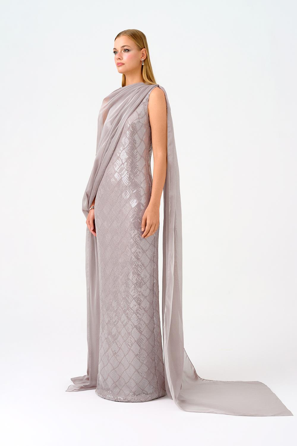 Kayık Yaka Pelerinli Payet Uzun Abiye Elbise - 9038C