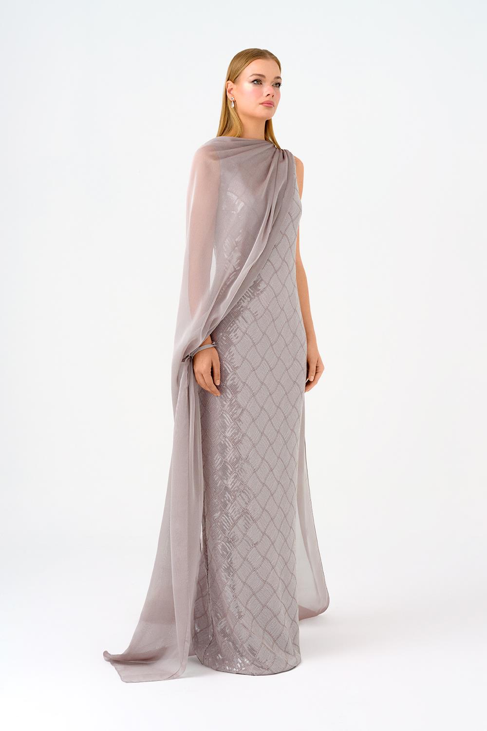 Kayık Yaka Pelerinli Payet Uzun Abiye Elbise - 9038C