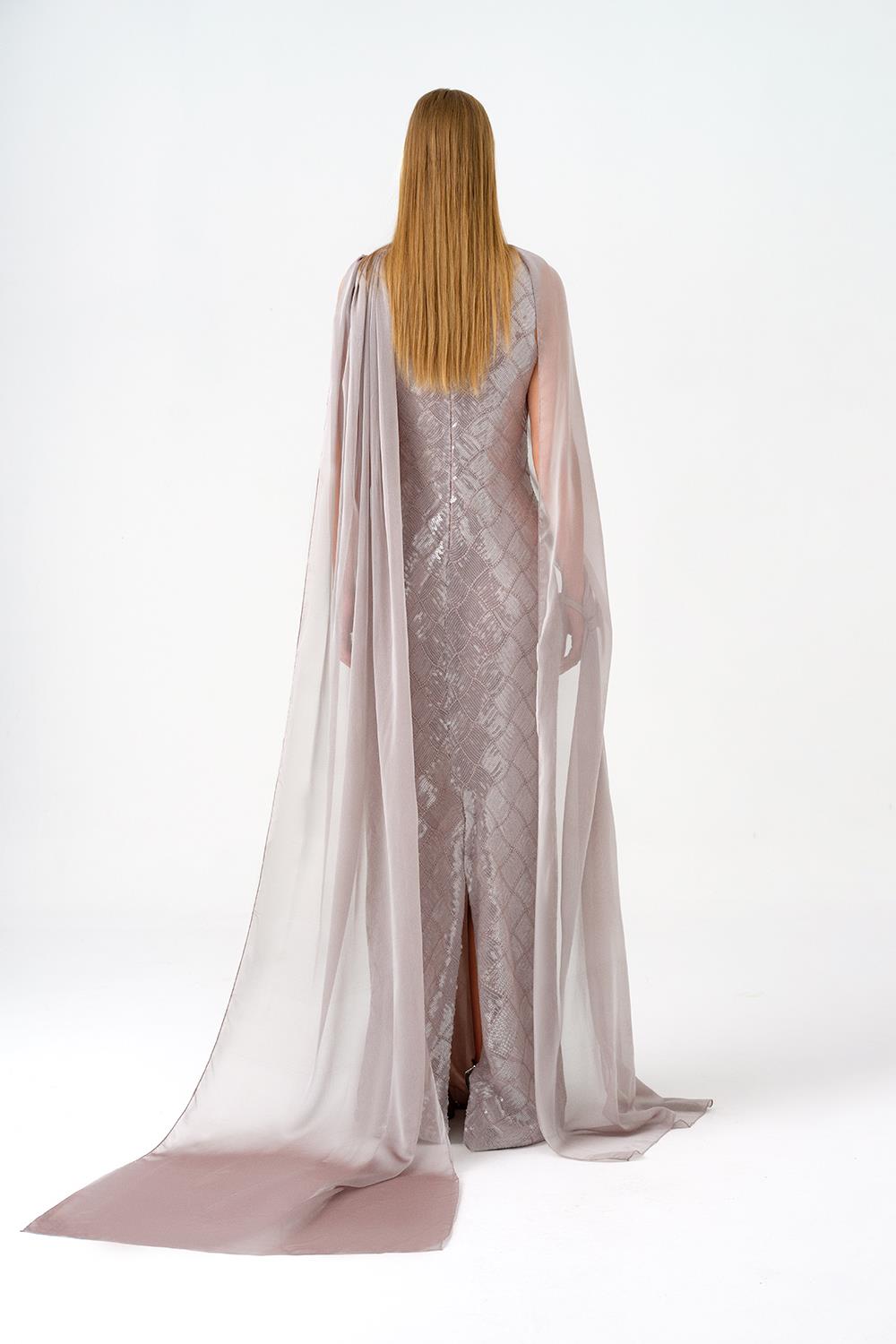 Kayık Yaka Pelerinli Payet Uzun Abiye Elbise - 9038C