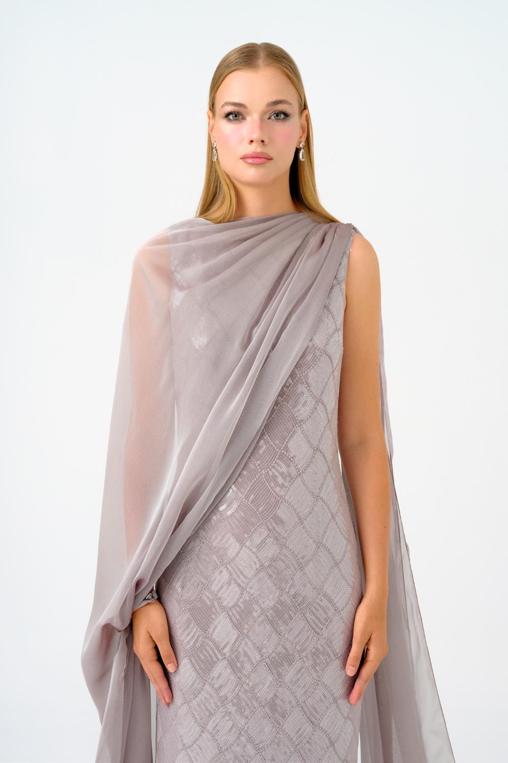 Kayık Yaka Pelerinli Payet Uzun Abiye Elbise - 9038C