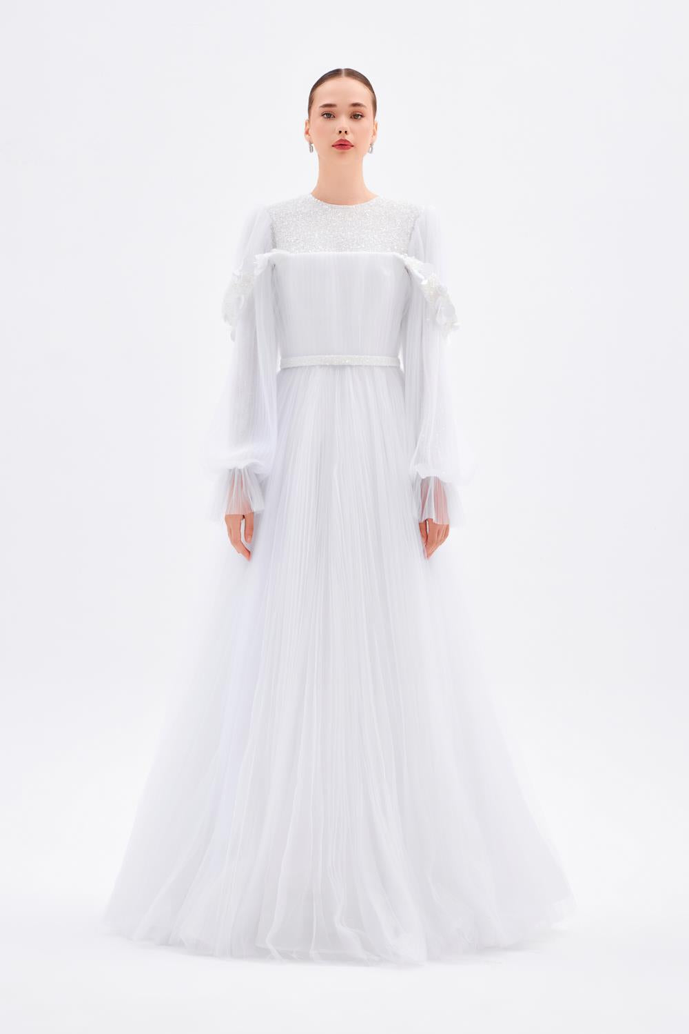 Kol İşleme Detaylı Piliseli Uzun Abiye Elbise - 9177C