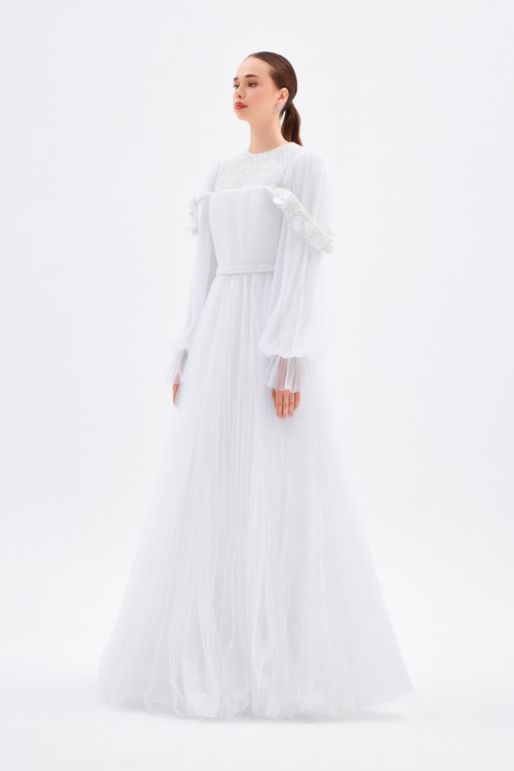 Kol İşleme Detaylı Piliseli Uzun Abiye Elbise - 9177C