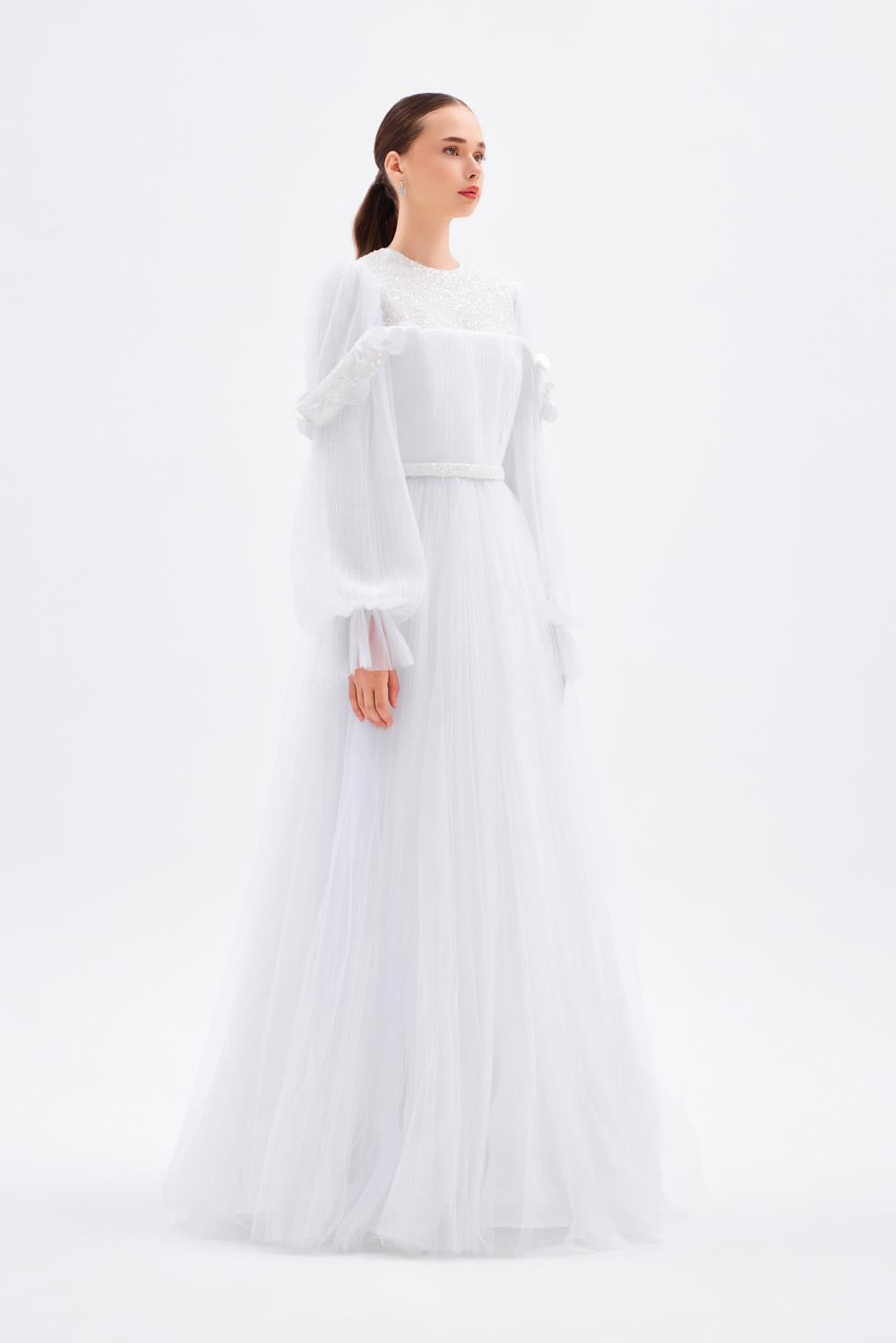 Kol İşleme Detaylı Piliseli Uzun Abiye Elbise - 9177C