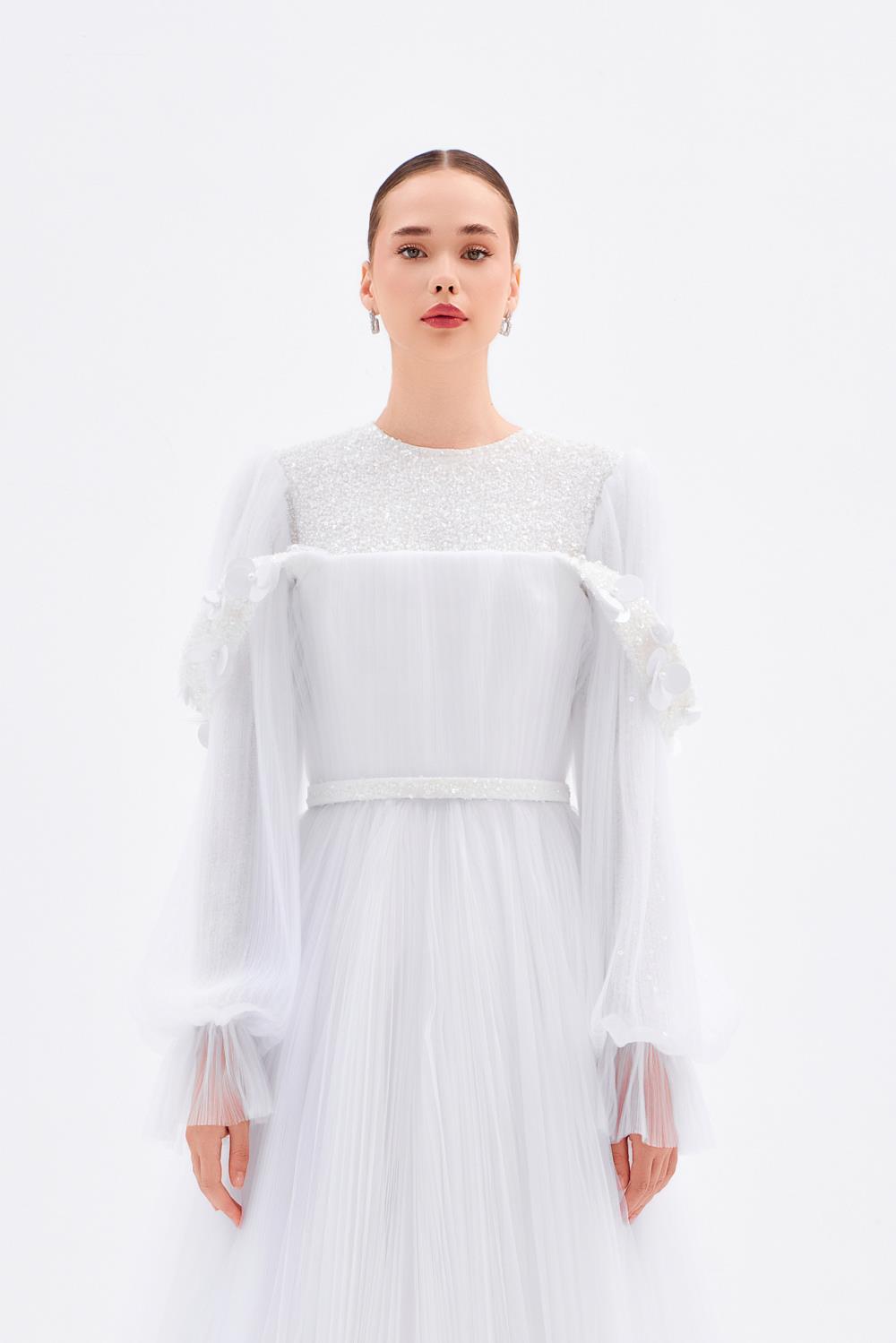 Kol İşleme Detaylı Piliseli Uzun Abiye Elbise - 9177C