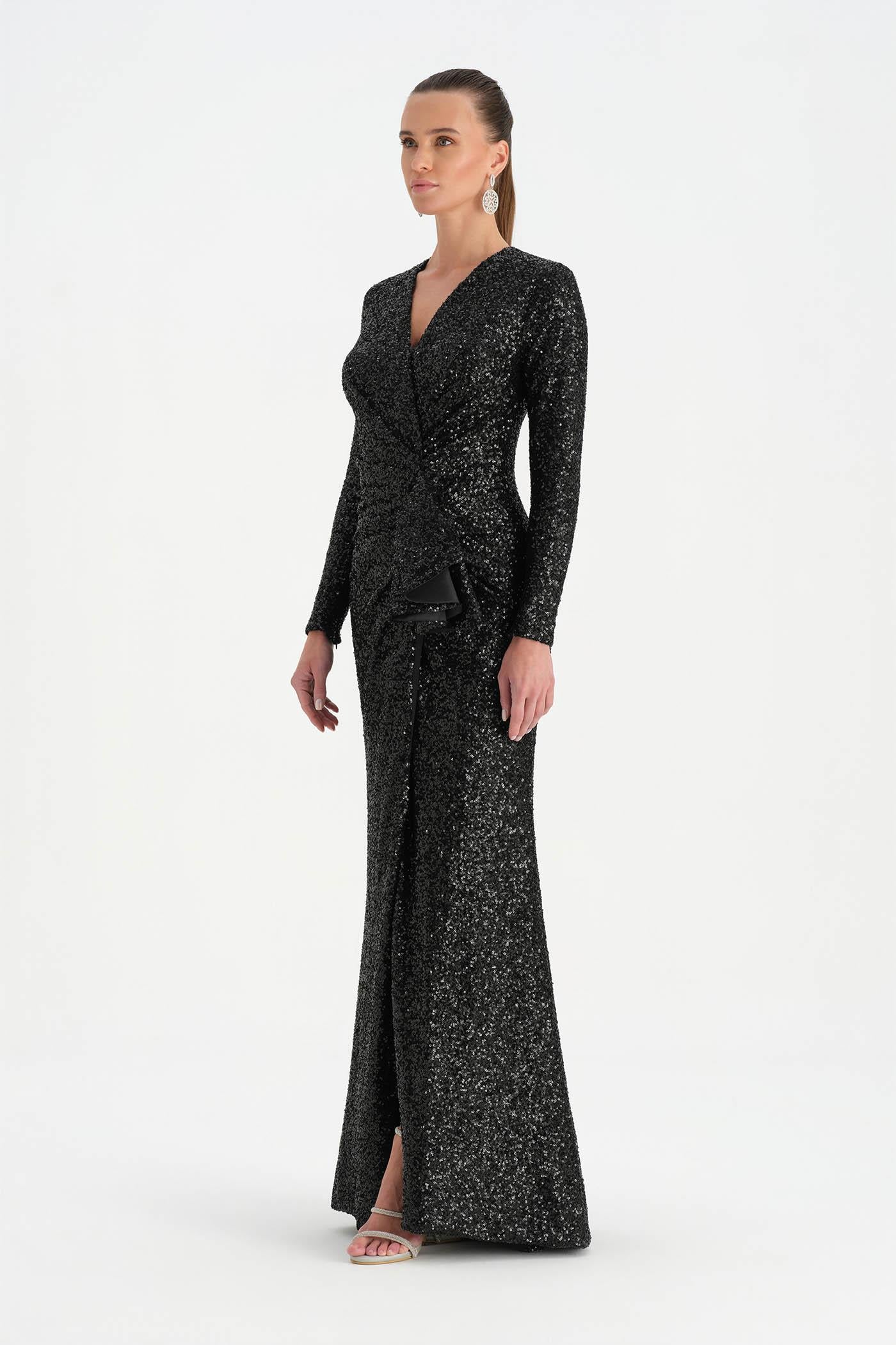 Sequin V-Neck High-Slit Draped Evening Dress - 26065C