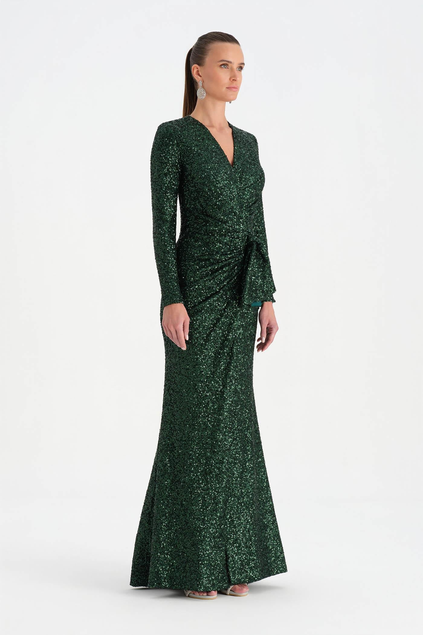 Sequin V-Neck High-Slit Draped Evening Dress - 26065C