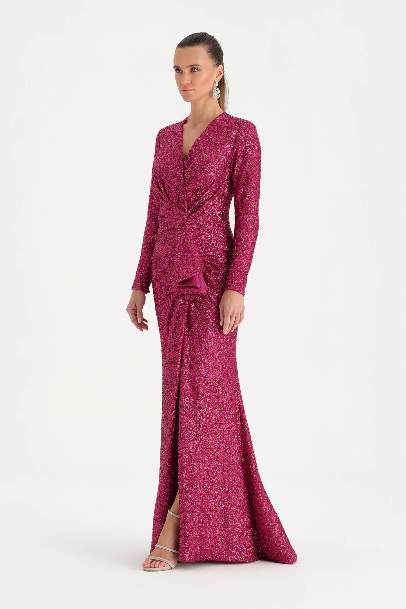 Sequin V-Neck High-Slit Draped Evening Dress - 26065C