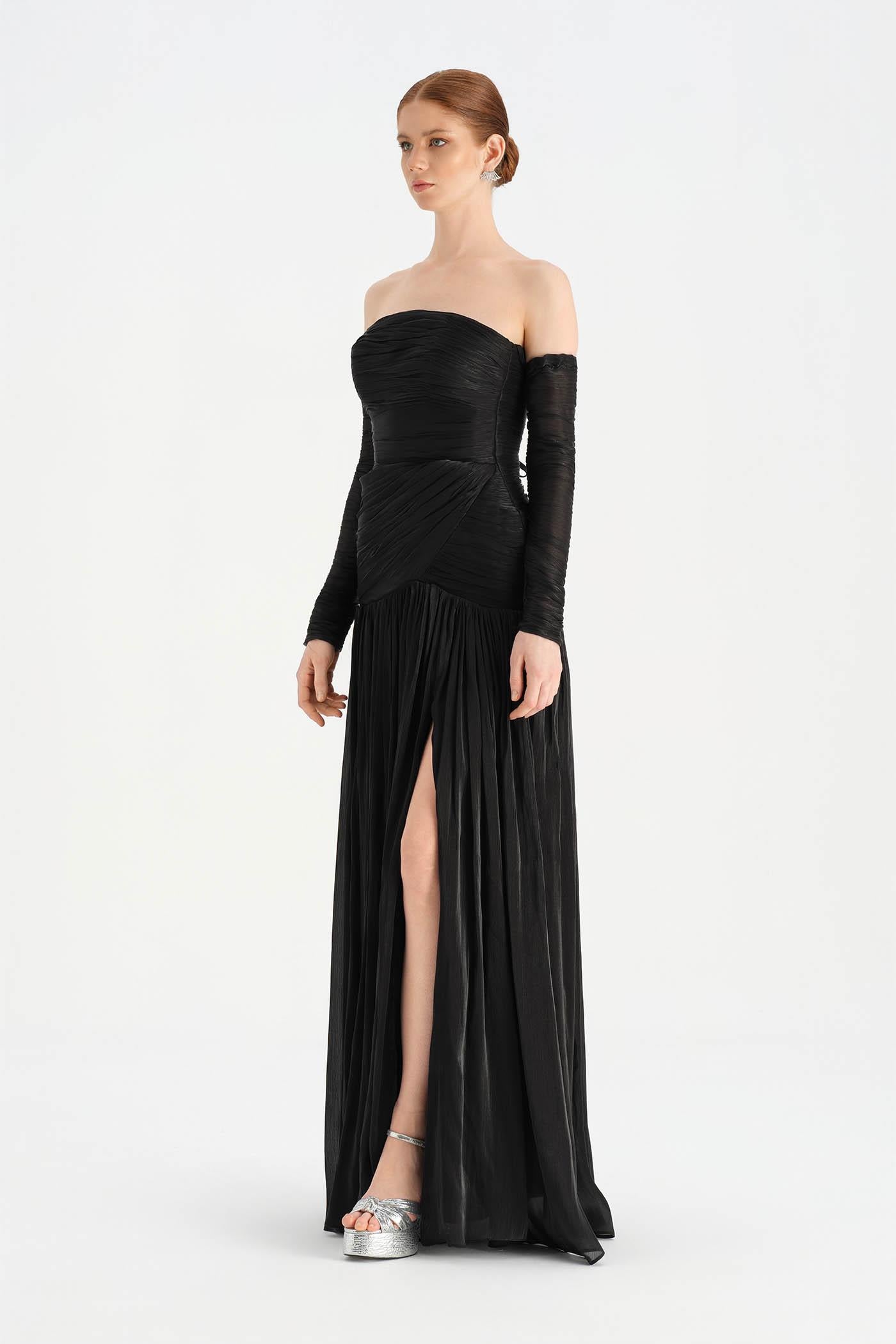 Draped Pleated Long Sleeve Strapless Evening Dress - 26091C