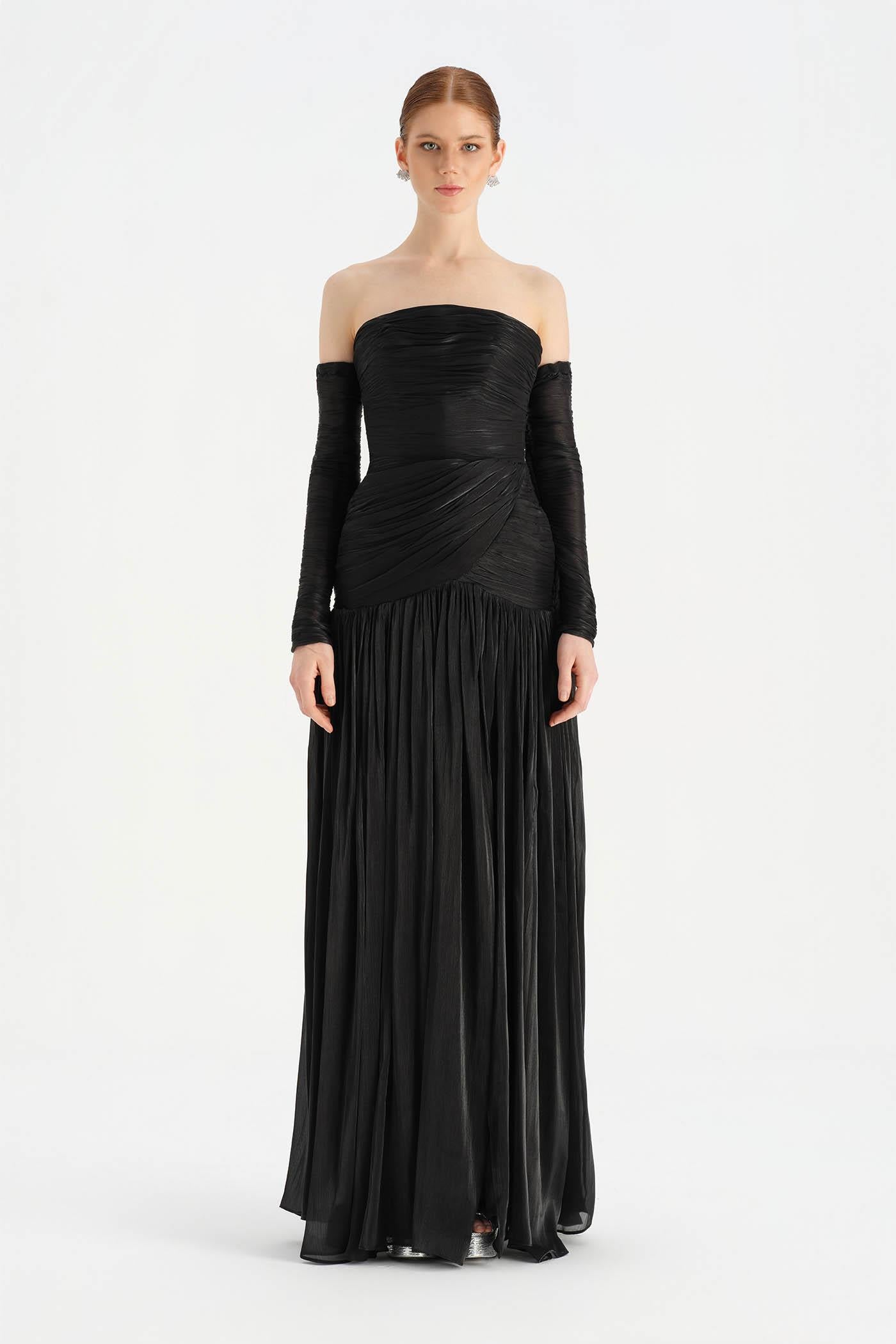 Draped Pleated Long Sleeve Strapless Evening Dress - 26091C