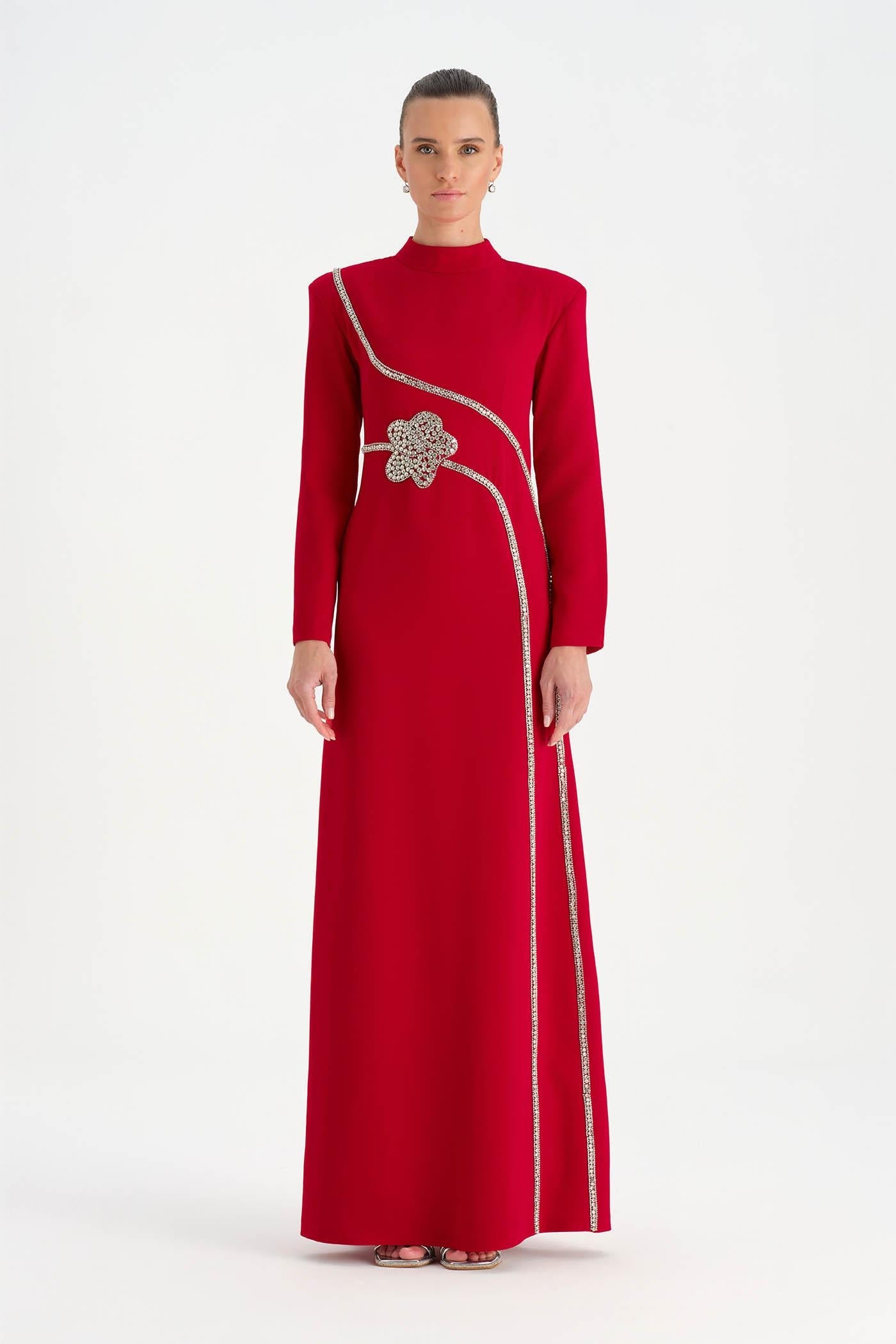 Crystal-Embellished Modest Evening Dress - 26186C