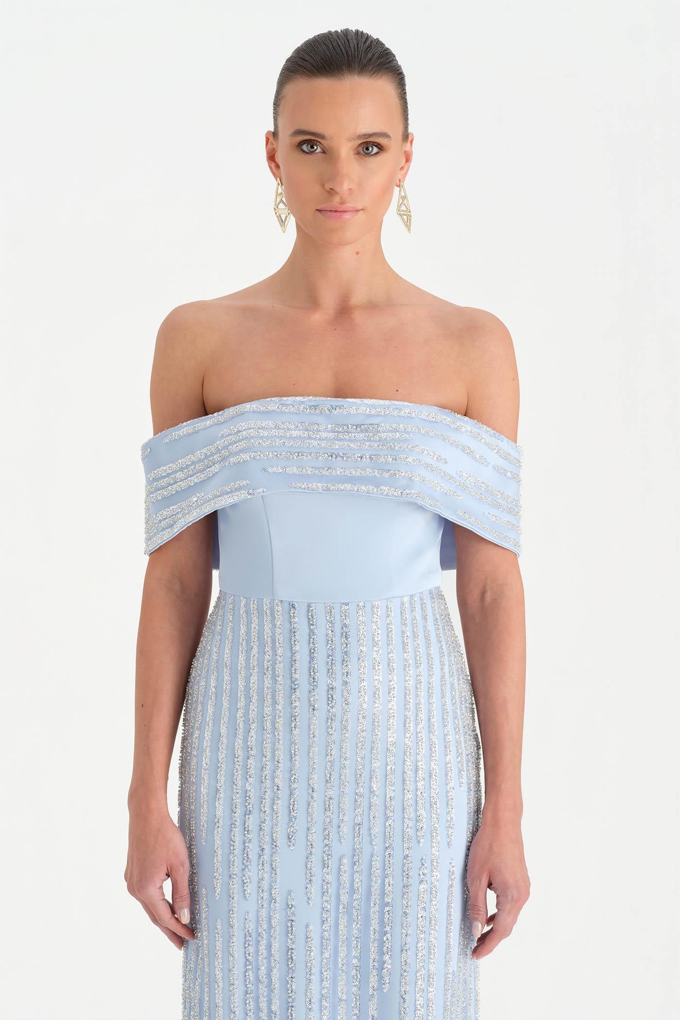 Crystal-Embellished Off-Shoulder Strapless Evening Dress - 26055C