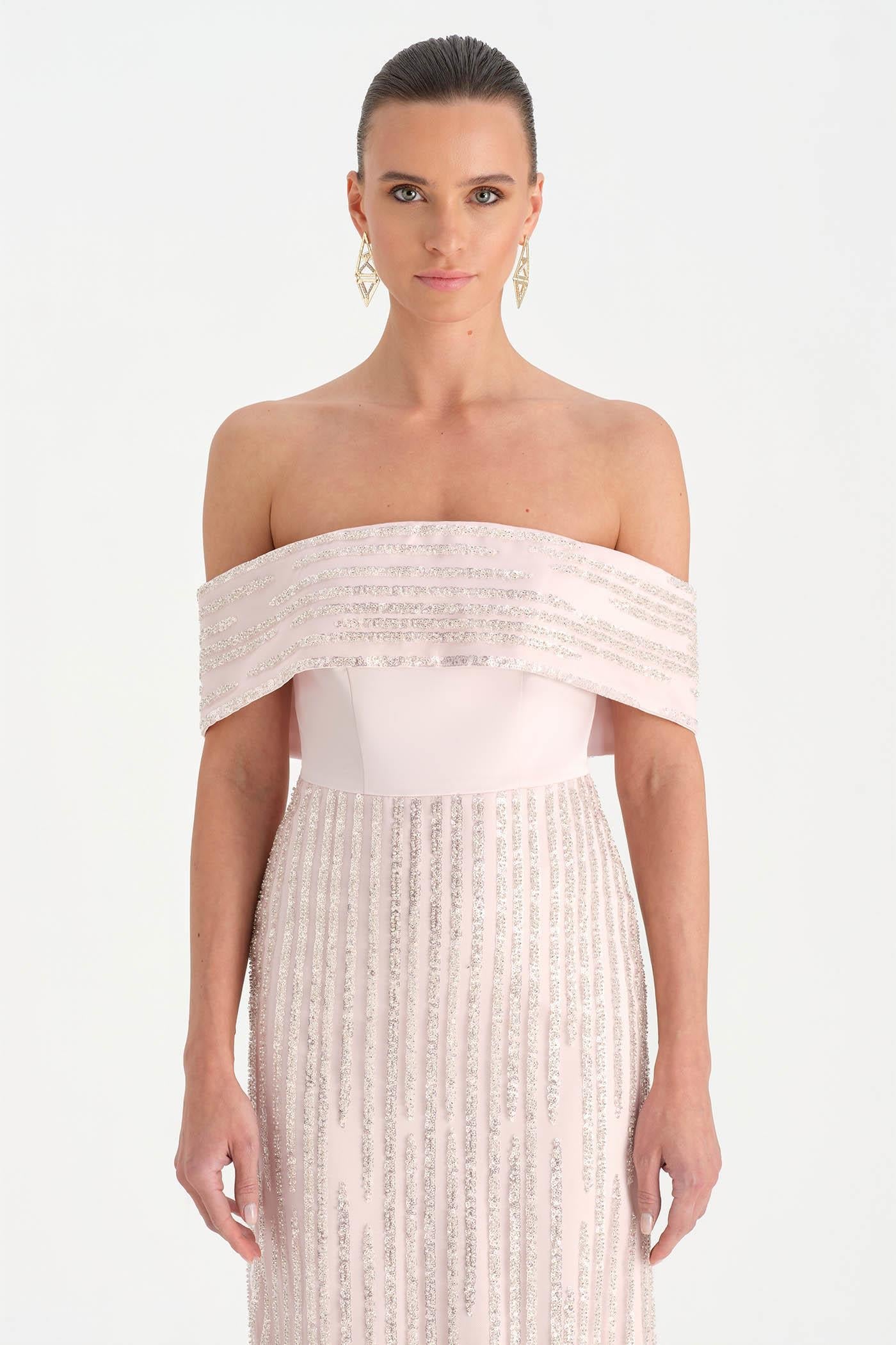 Crystal-Embellished Off-Shoulder Strapless Evening Dress - 26055C