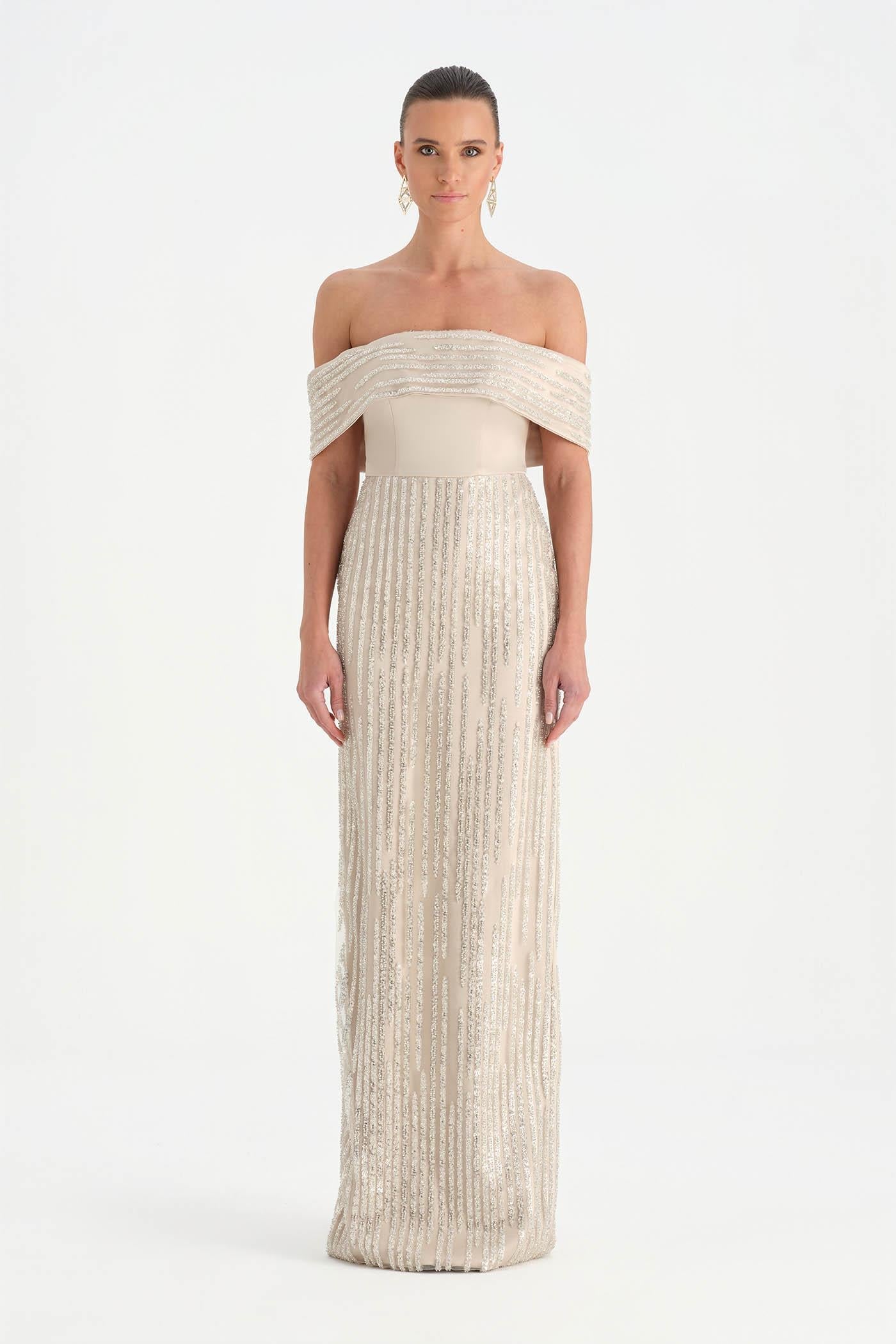 Crystal-Embellished Off-Shoulder Strapless Evening Dress - 26055C