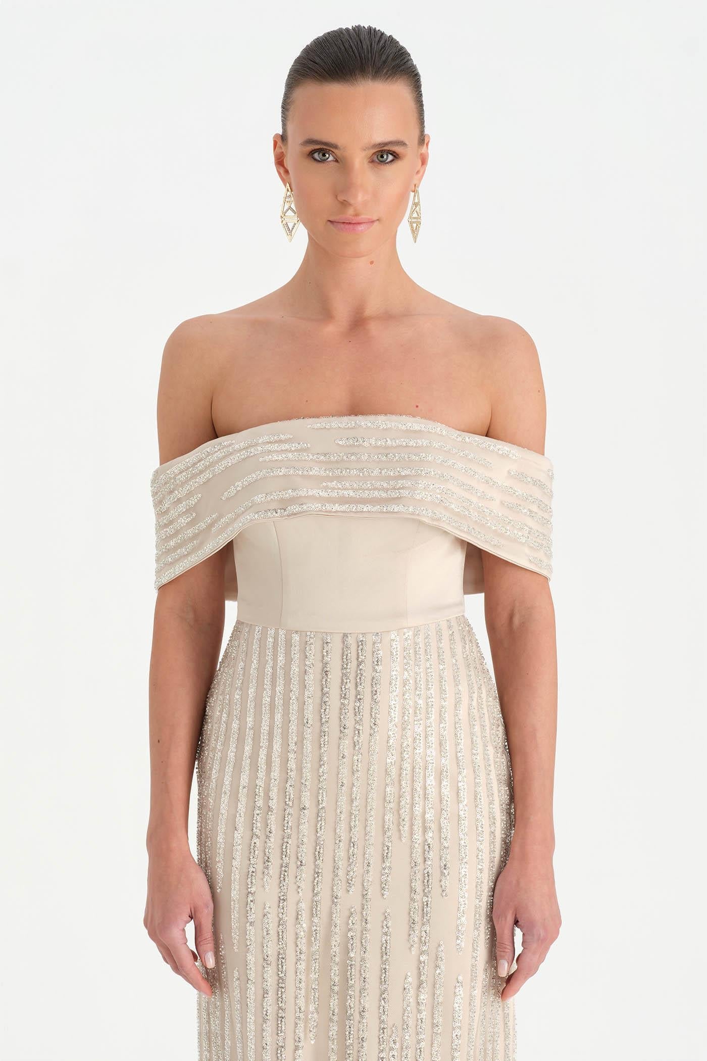 Crystal-Embellished Off-Shoulder Strapless Evening Dress - 26055C