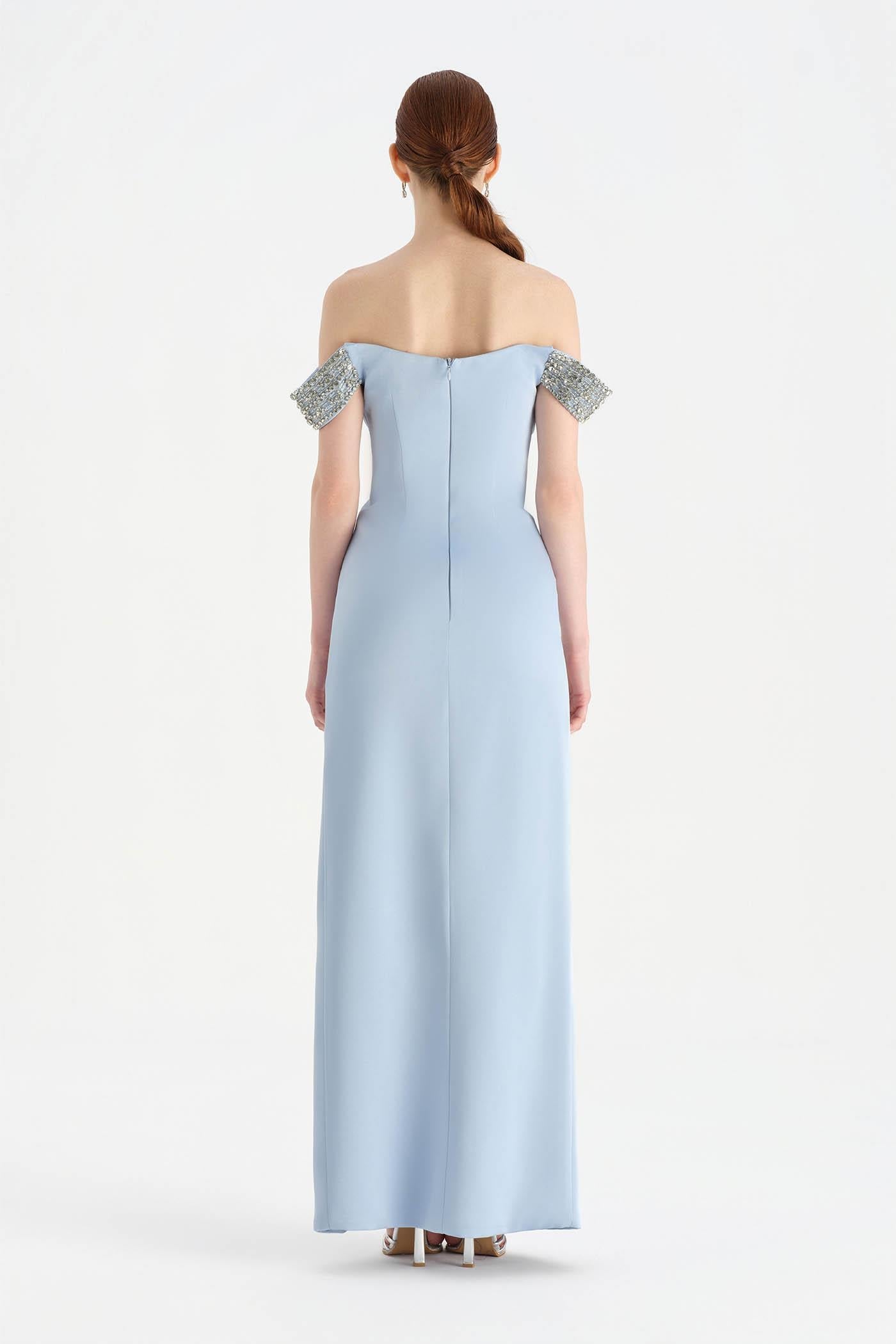 Off-Shoulder High-Slit Crystal-Embellished Evening Dress - 26063C