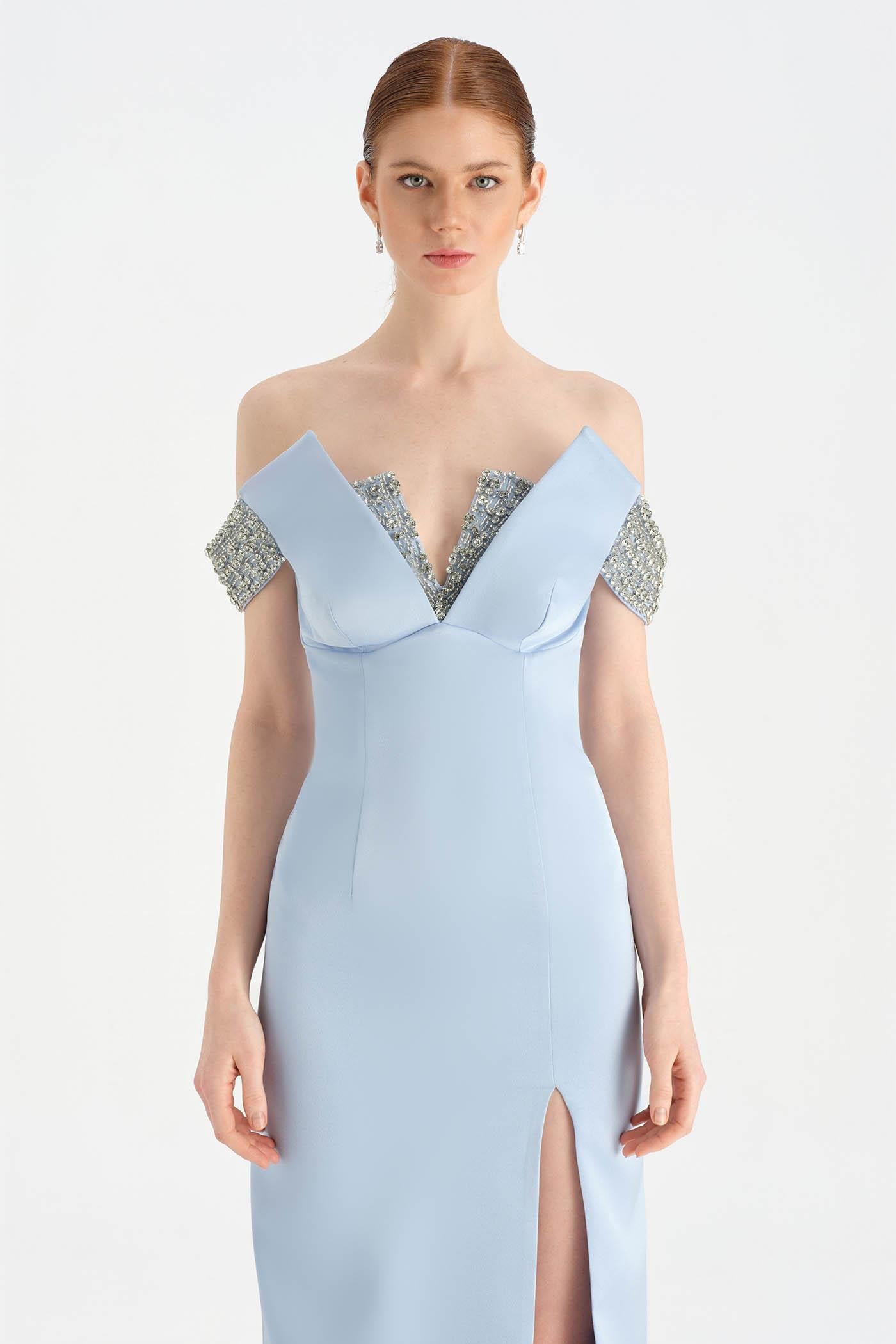 Off-Shoulder High-Slit Crystal-Embellished Evening Dress - 26063C