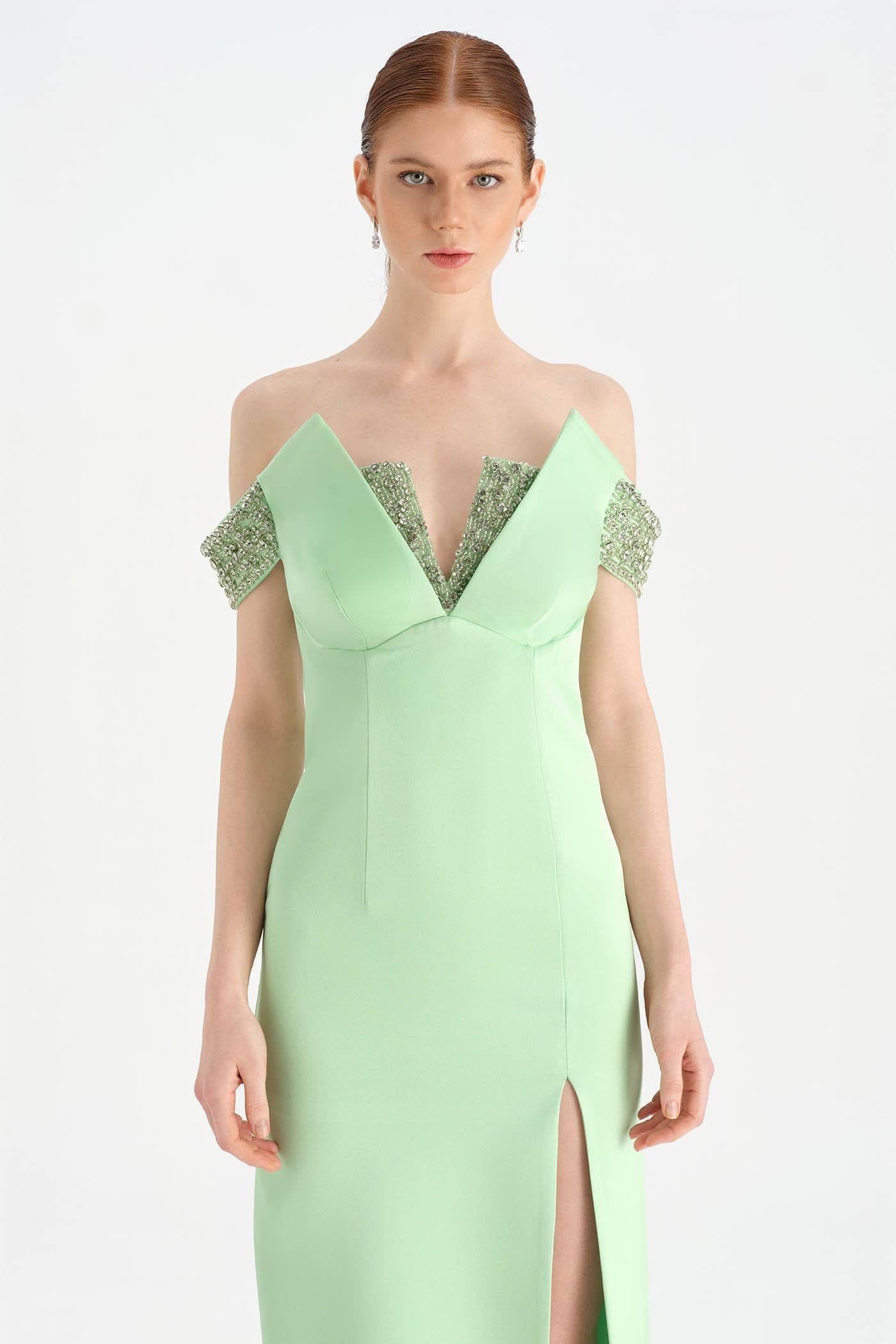 Off-Shoulder High-Slit Crystal-Embellished Evening Dress - 26063C