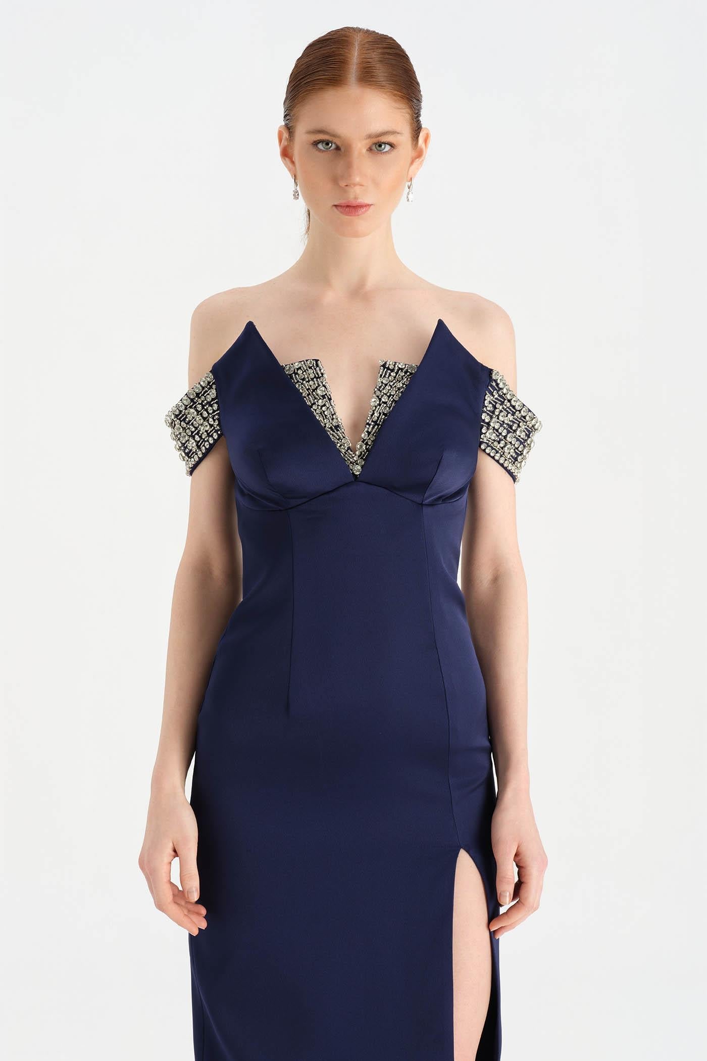 Off-Shoulder High-Slit Crystal-Embellished Evening Dress - 26063C