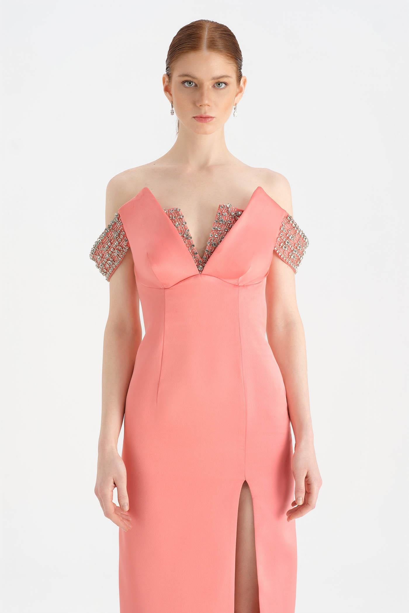 Off-Shoulder High-Slit Crystal-Embellished Evening Dress - 26063C