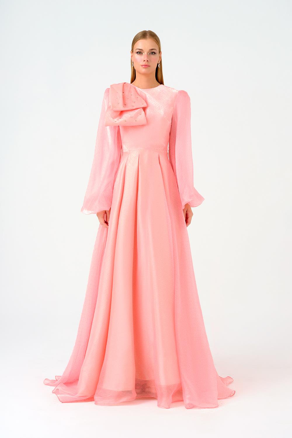 Fiyonk Detaylı Taşlı Uzun Abiye Elbise - 9175C