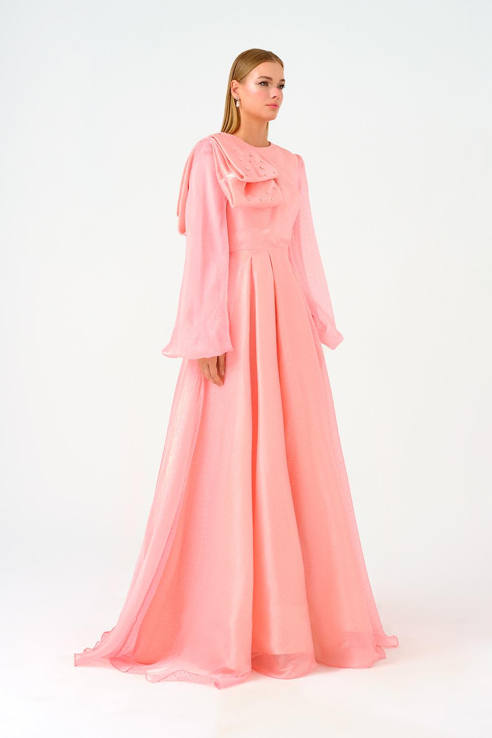 Fiyonk Detaylı Taşlı Uzun Abiye Elbise - 9175C