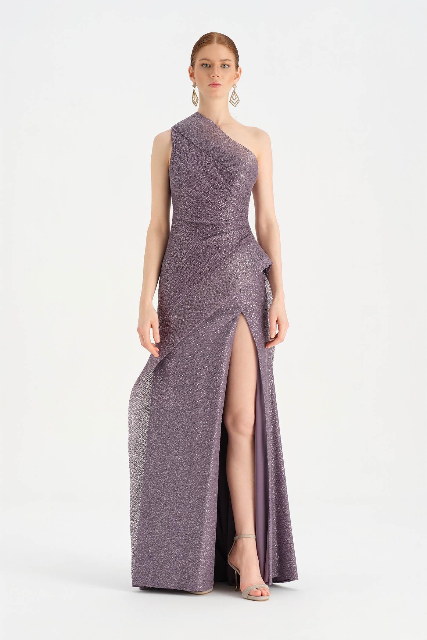 One-Shoulder High-Slit Evening Gown - 26003C