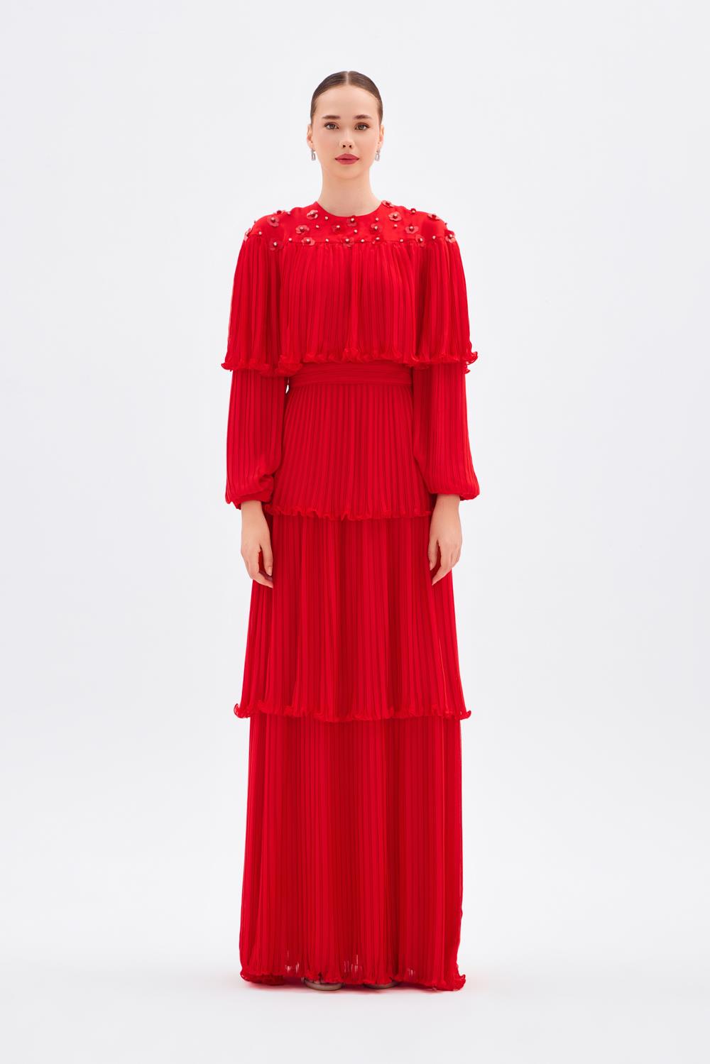 Papatya İşlemeli Piliseli Şifon Uzun Abiye Elbise - 9179C