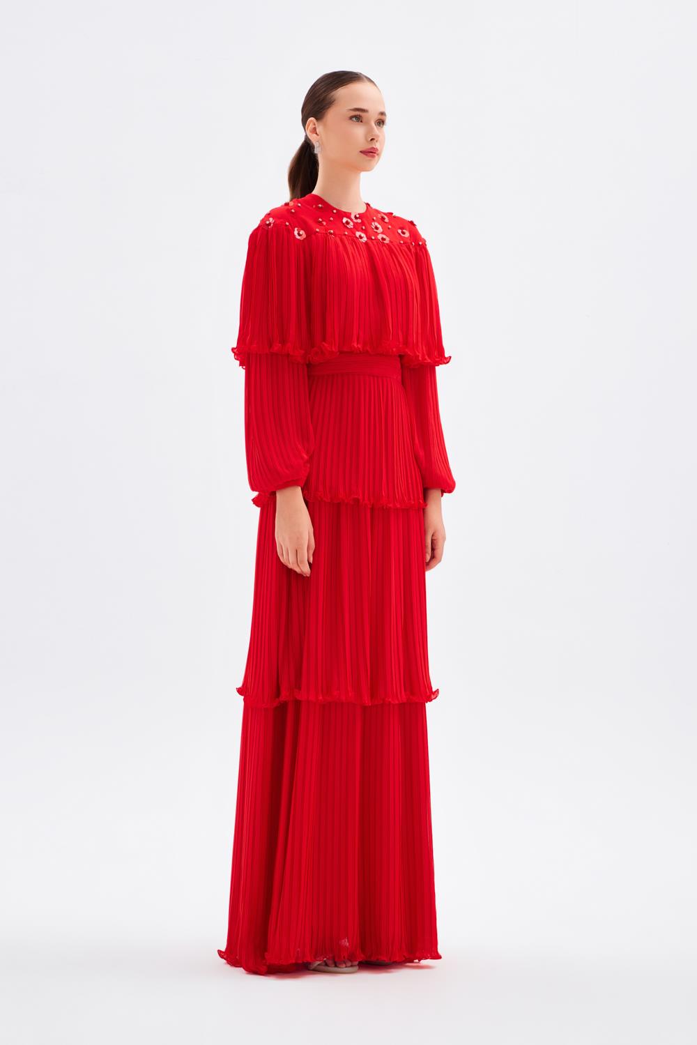 Papatya İşlemeli Piliseli Şifon Uzun Abiye Elbise - 9179C