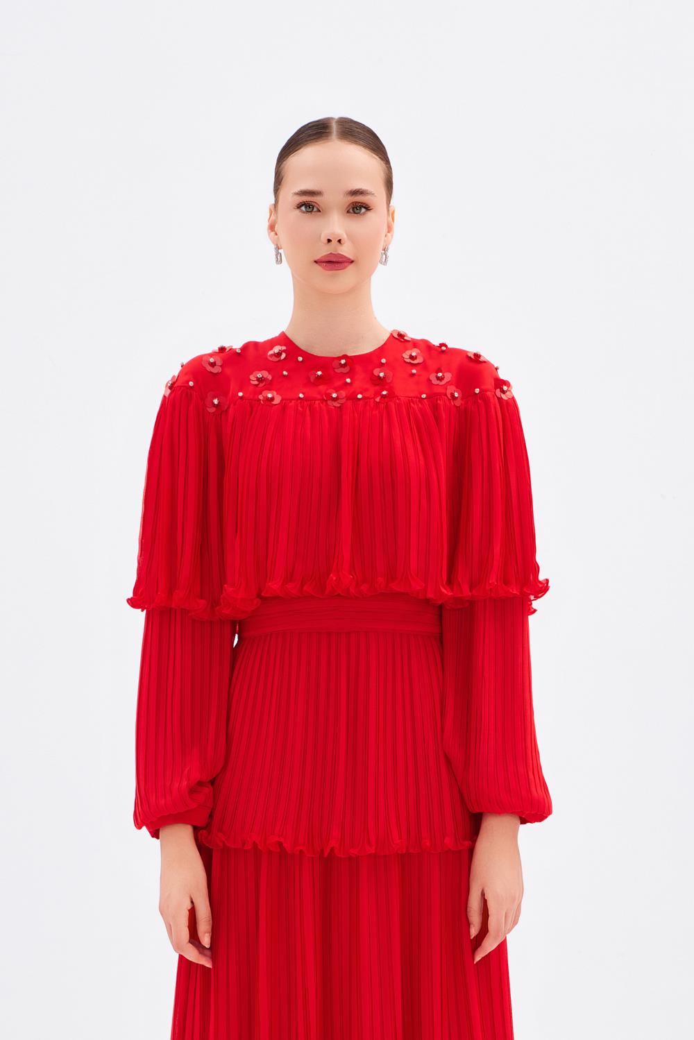 Papatya İşlemeli Piliseli Şifon Uzun Abiye Elbise - 9179C