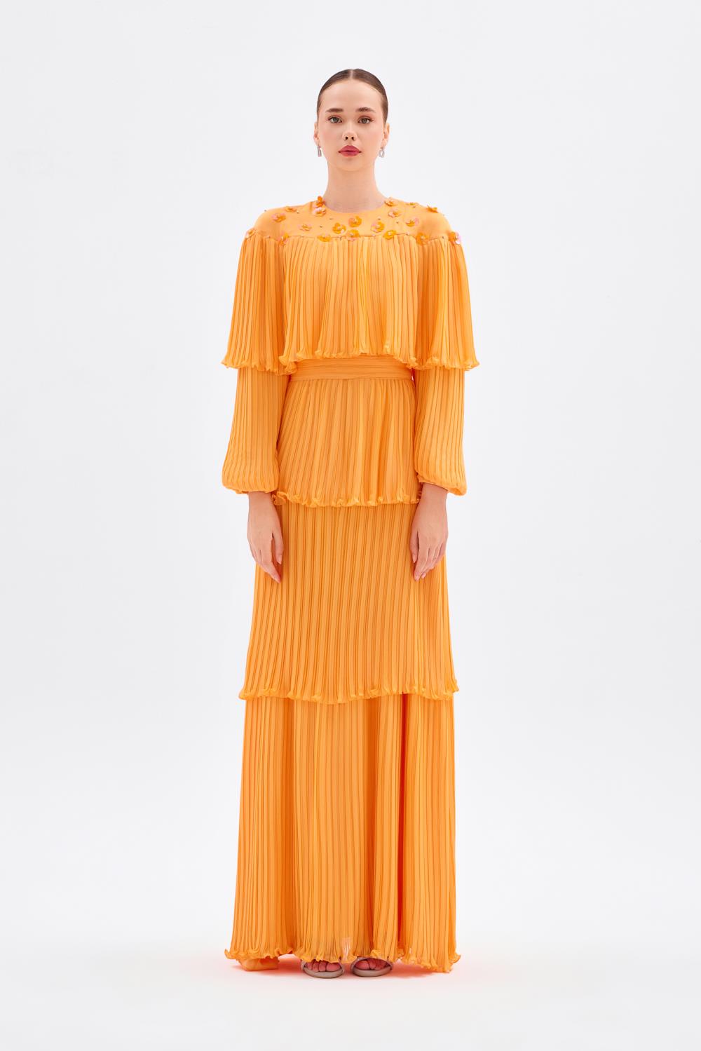 Papatya İşlemeli Piliseli Şifon Uzun Abiye Elbise - 9179C